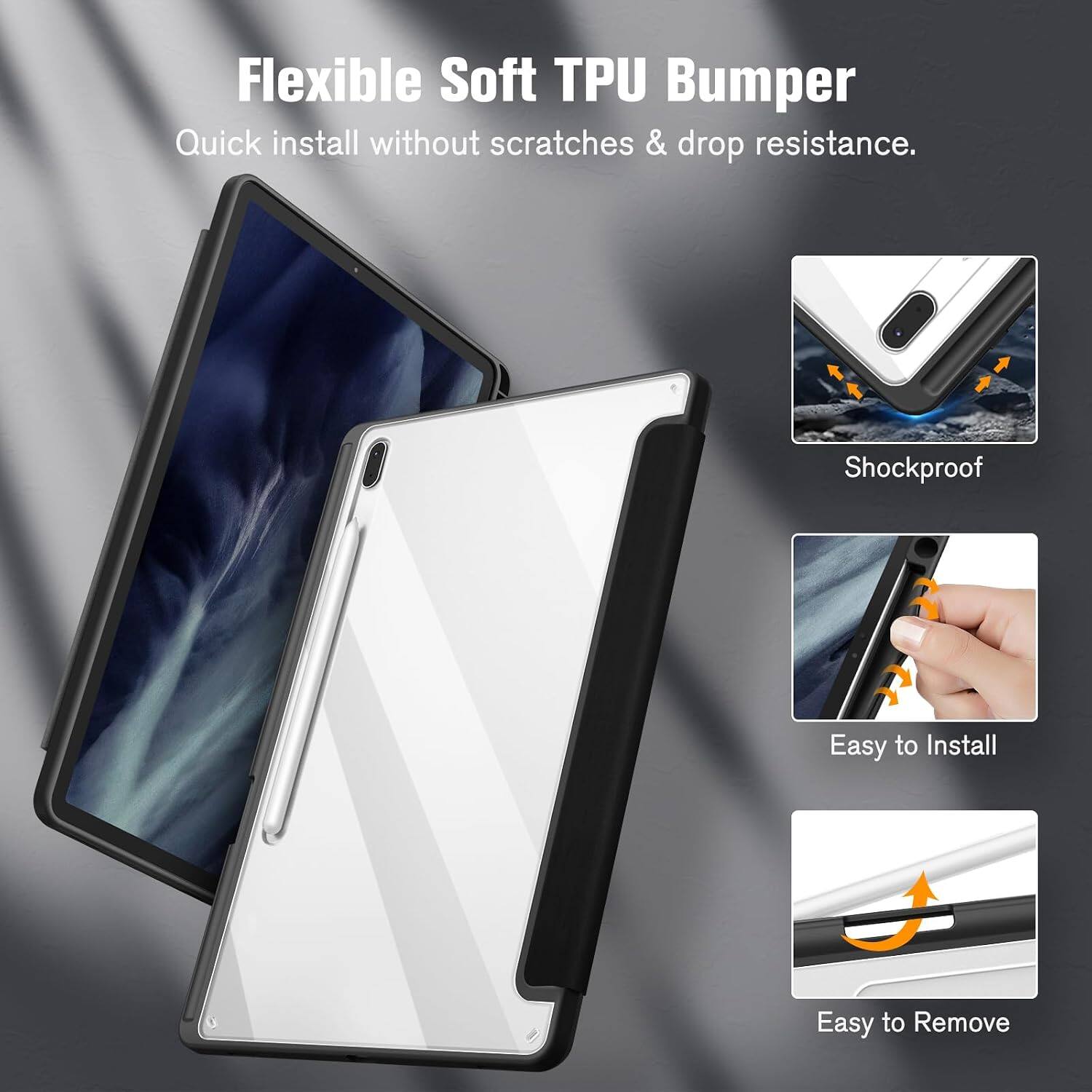 Flexible Soft TPU Bumper  
Quick install without scratches & drop resistance.  
Shockproof  
Easy to Install  
Easy to Remove
