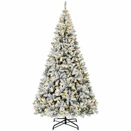 RYHNUYNE - 9FT Pre-Lit Flocked Fraser Fir Christmas Tree With LED Lights and Hinged Branches, Foldable Metal Base - Green