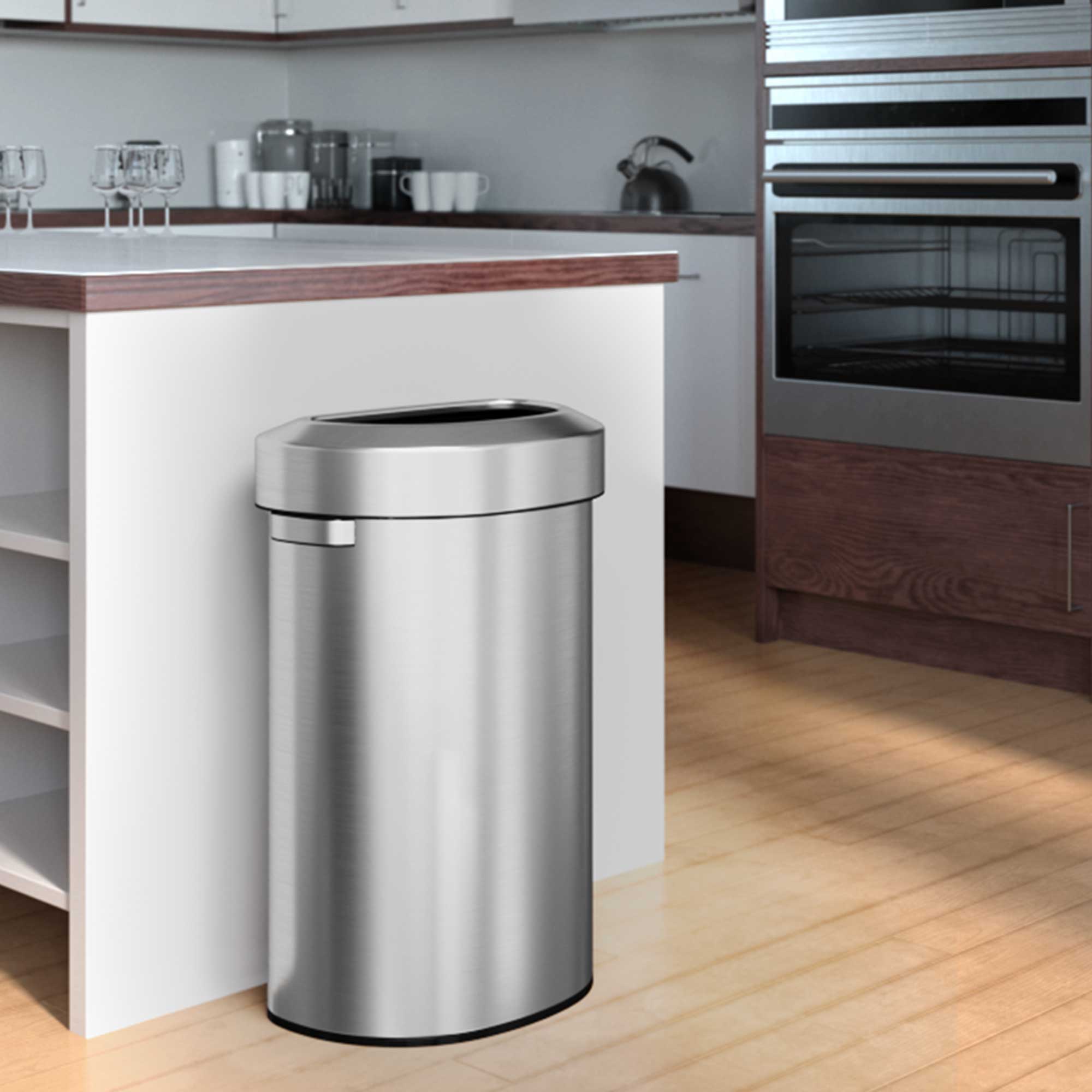 Angle. iTouchless - 23 Gallon Stainless Steel Semi-Round Open Top Kitchen Trash Can - Silver.