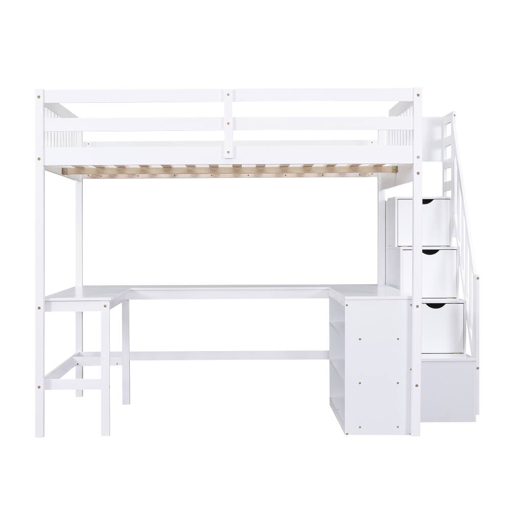 Alt View 8. Loheer - Loheer Full Size Loft Bed with L-Shaped Desk and Storage Stairs, White - White.