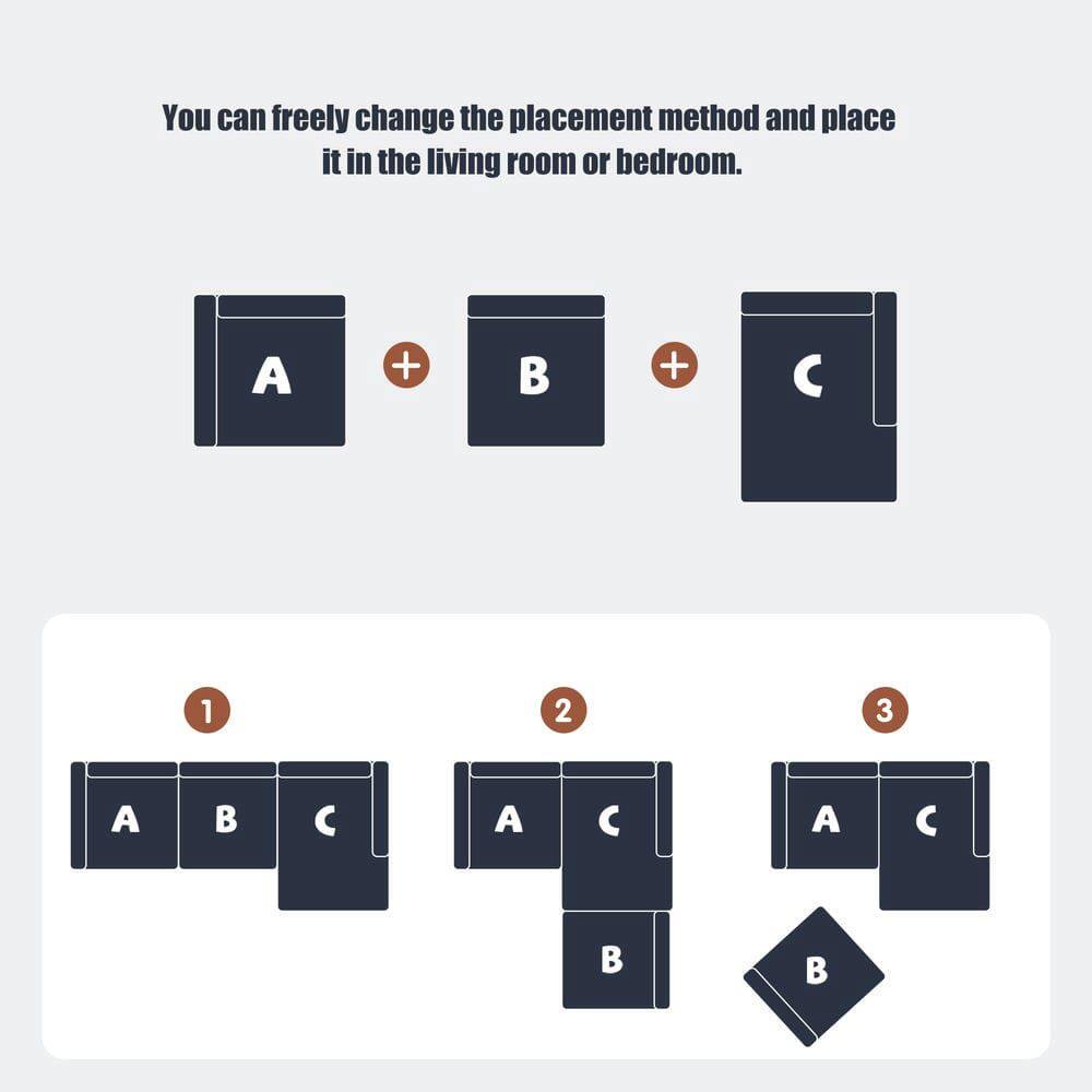 You can freely change the placement method and place it in the living room or bedroom.

A + B + C

1. A B C
2. A C B
3. A C B