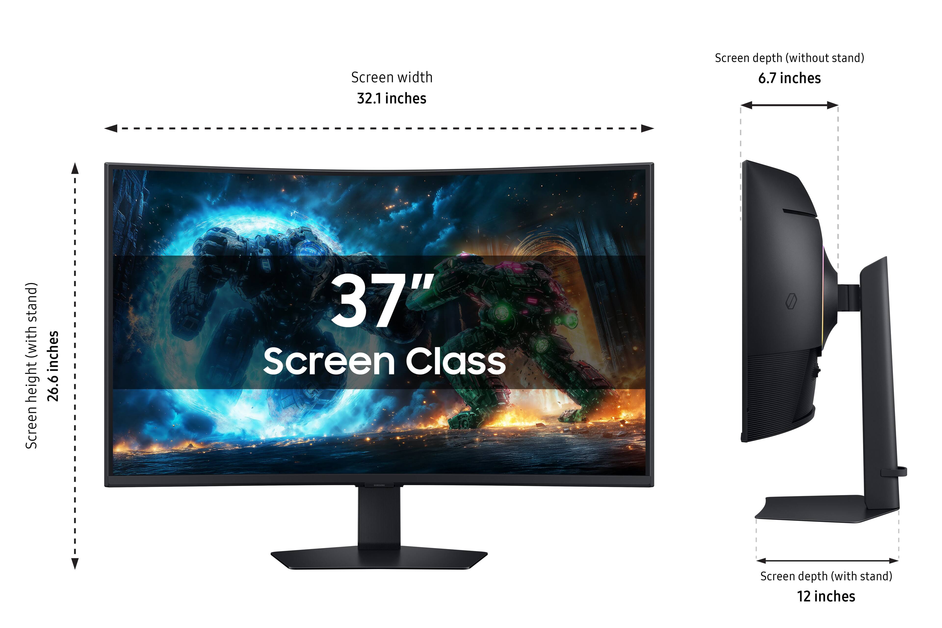 Screen width 32.1 inches
Screen height (with stand) 26.6 inches
Screen depth (without stand) 6.7 inches
Screen depth (with stand) 12 inches
Screen 37"
Screen Class