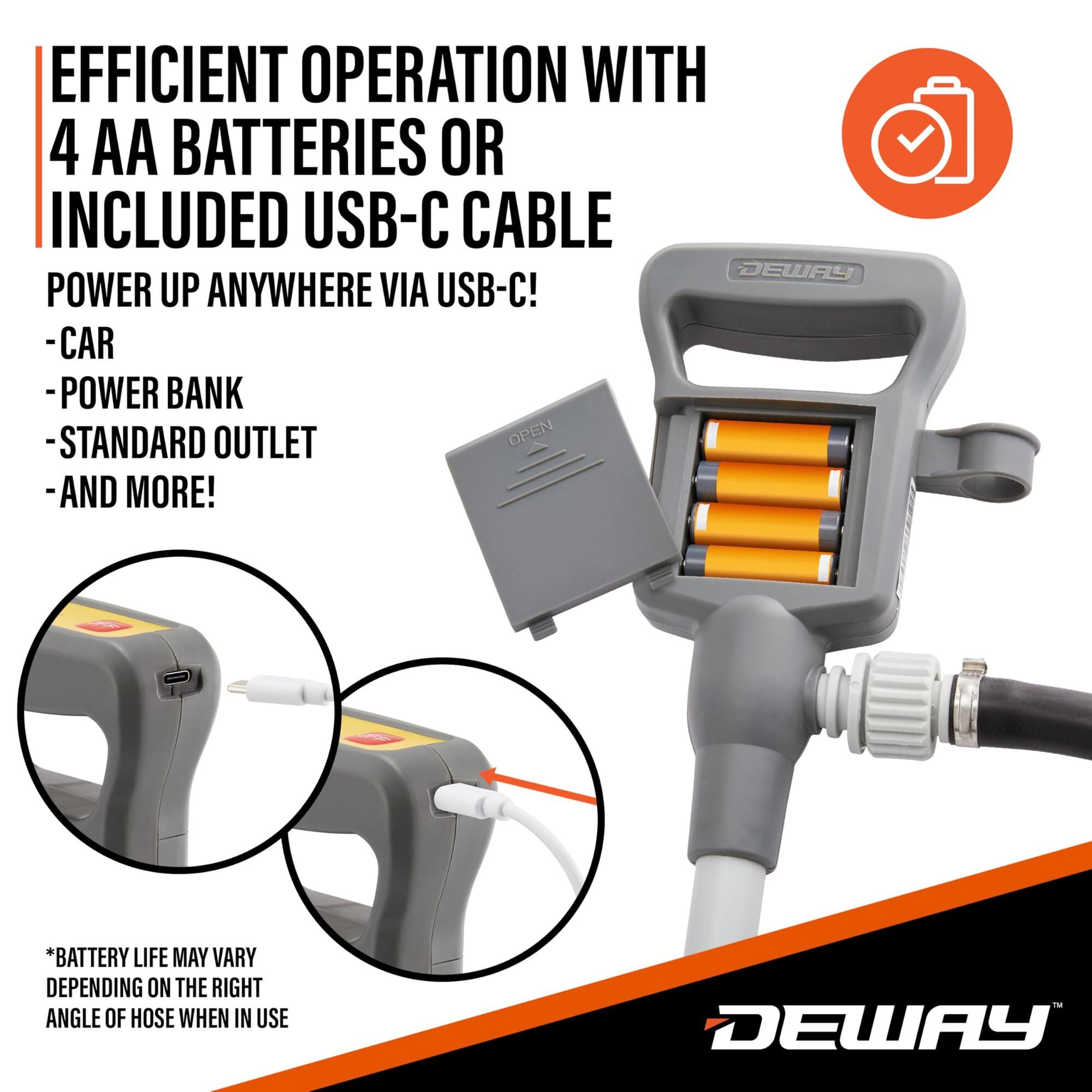EFFICIENT OPERATION WITH 4 AA BATTERIES OR INCLUDED USB-C CABLE
DEWAY POWER UP ANYWHERE VIA USB-C!
- CAR
- POWER BANK
- STANDARD OUTLET
- AND MORE!
*BATTERY LIFE MAY VARY DEPENDING ON THE RIGHT ANGLE OF HOSE WHEN IN USE
DEWAY