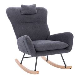 Loheer - Dark Grey Teddy Upholstered Nursery Rocking Chair Ergonomic Rocker for Living Room - Dark Gray