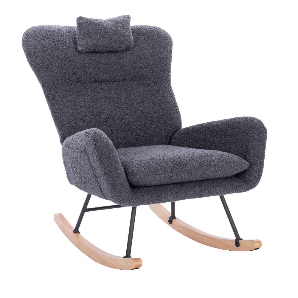 Front. Loheer - Loheer Dark Grey Teddy Upholstered Nursery Rocking Chair Ergonomic Rocker for Living Room - Dark Grey.