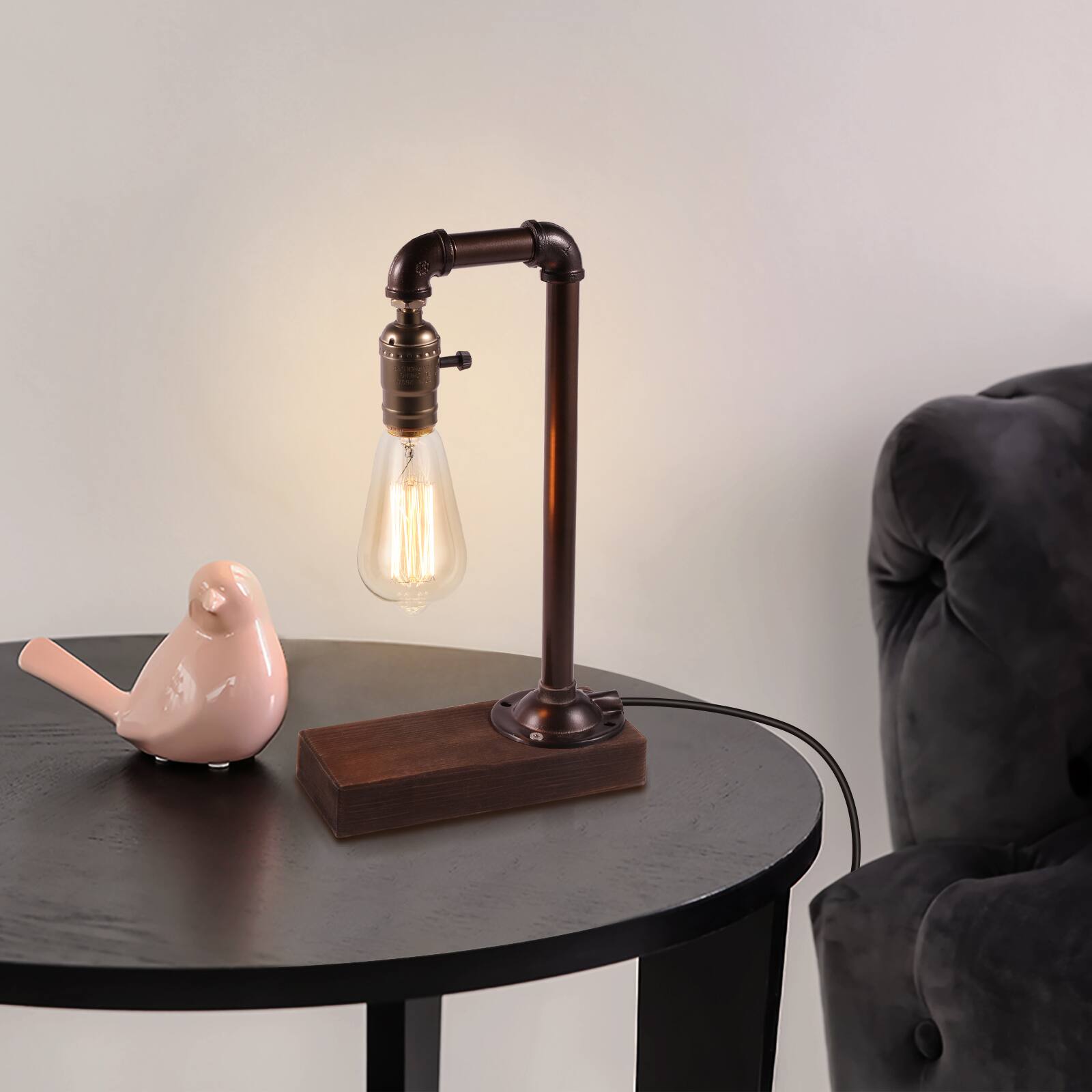 Angle. Oumilen - Industrial Pipe Desk Lamp with Wooden Base.