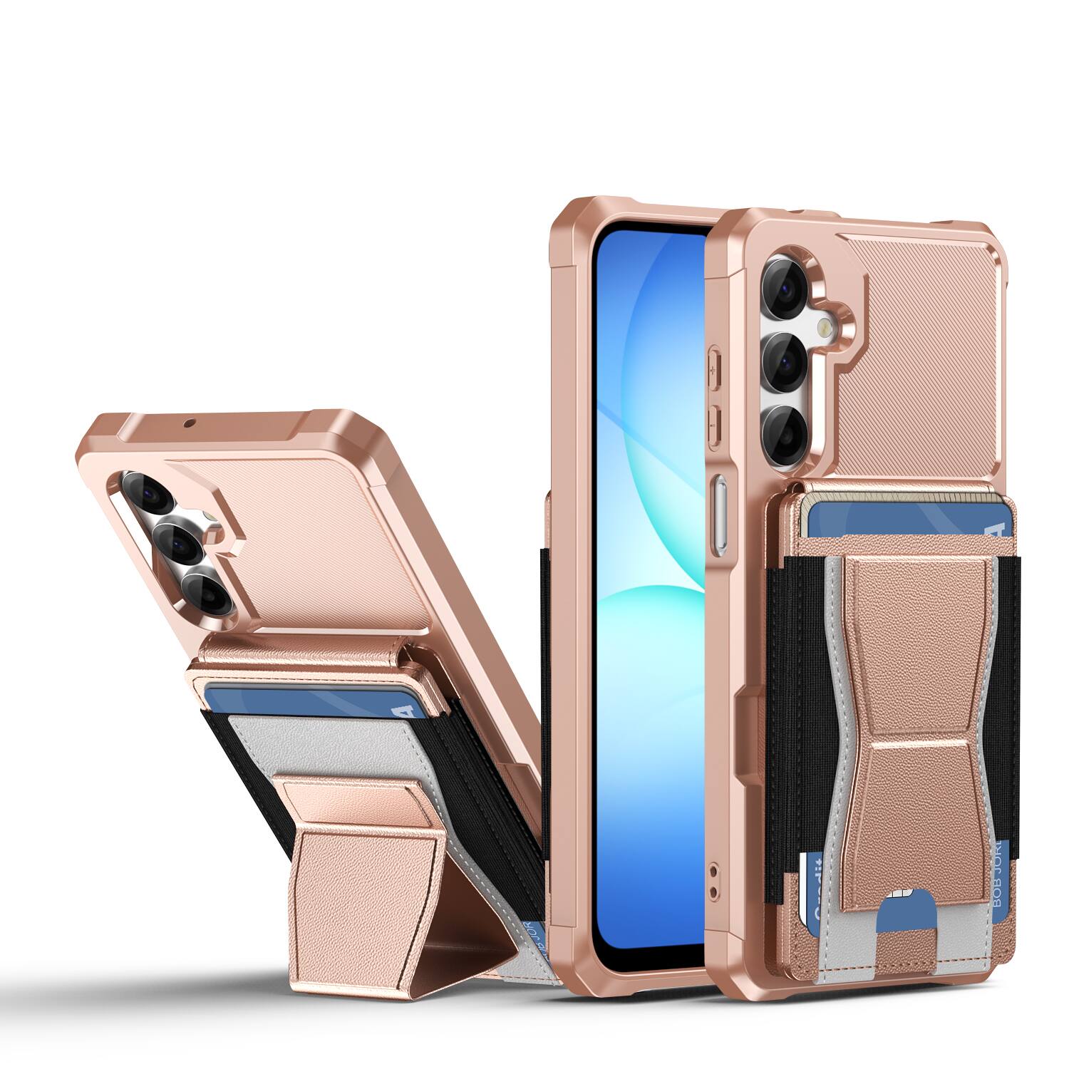 Angle. Dteck - Rugged Wallet Case for Samsung Galaxy A17 5G, Shockproof Protective Cover with Elastic Card Holder and Kickstand - Rosegold.