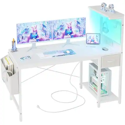 Front. Hirose Alice - Gaming Desk With Power Outlet And Led Light Computer Reversible Shelves Storage Drawer Small Pc For Home Off - White-40 Inch.