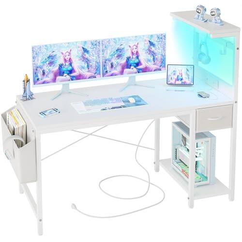 Front. Hirose Alice - Gaming Desk  With Power Outlet And Led Light  Computer Reversible Shelves Storage Drawer Small Pc For Home Off - White-40 Inch.
