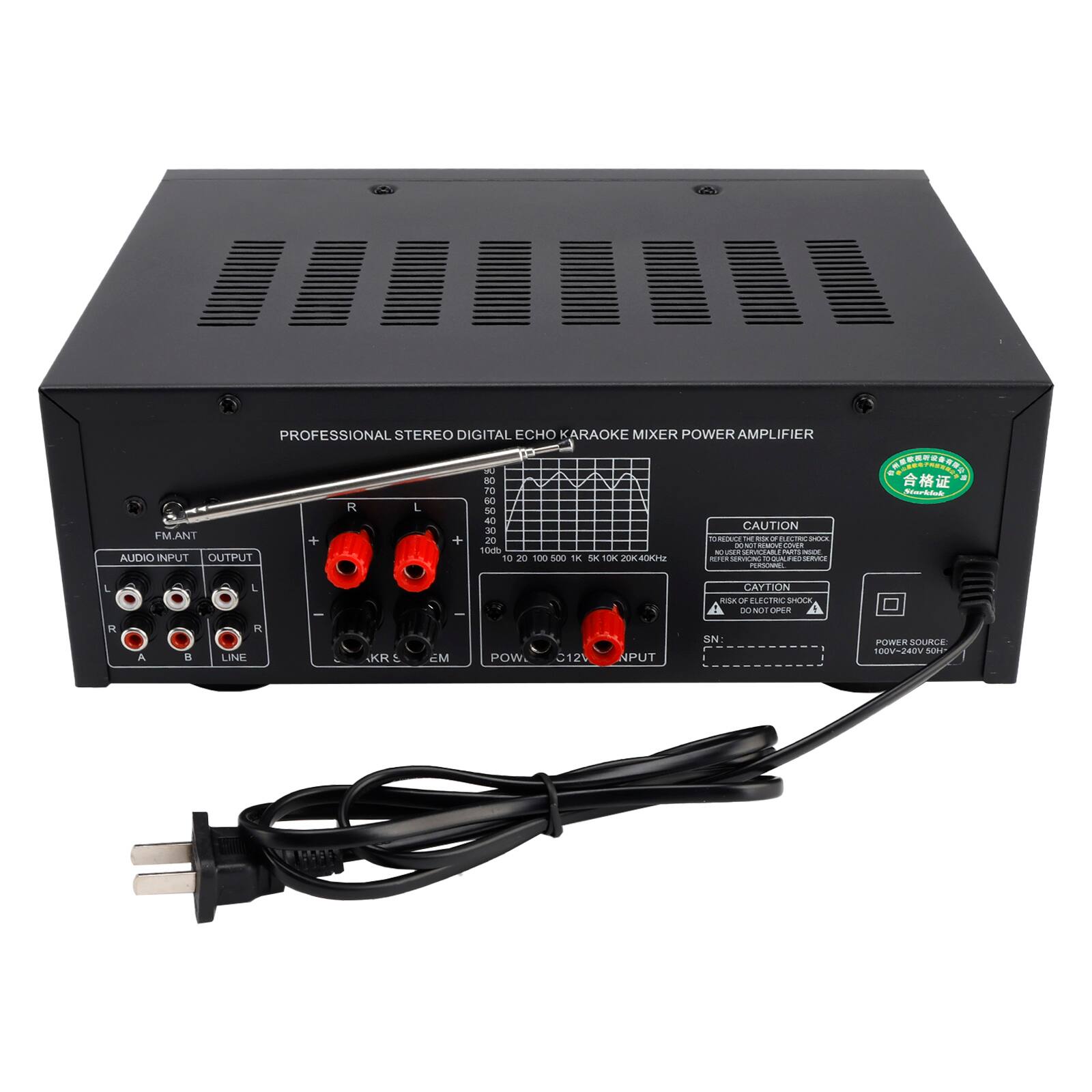 PROFESSIONAL STEREO DIGITAL ECHO KARAOKE MIXER POWER AMPLIFIER

CAUTION
DE FM.AN1 + ON Y I - I ... + 20 | - - CON 10d - - 1 - - AUDO NPUT OUTPUT 16 20 100 500 1K SK - Zm

CEO -  A addiadd SNTSESEE  SYarEAA L L I - CAY CON Pde  LCE SnCCE SOS OPER H A H R LINE KR  Mi POW. 12% NPUT SN: L  PUSE d SULDLE 00V-240V SIF

AUDIO INPUT OUTPUT
L R A B LINE

FM.AN1

C12V INPUT

POWER SOURCE: 100V-240V 50/60Hz

SN: