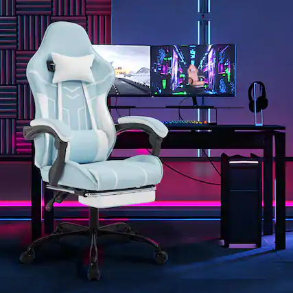 Front. Siljoy - Blue White Gaming Chair with Massage Lumbar Support & Footrest - Ergonomic Computer Chair Adjustable 90°-135° - Blue,white.