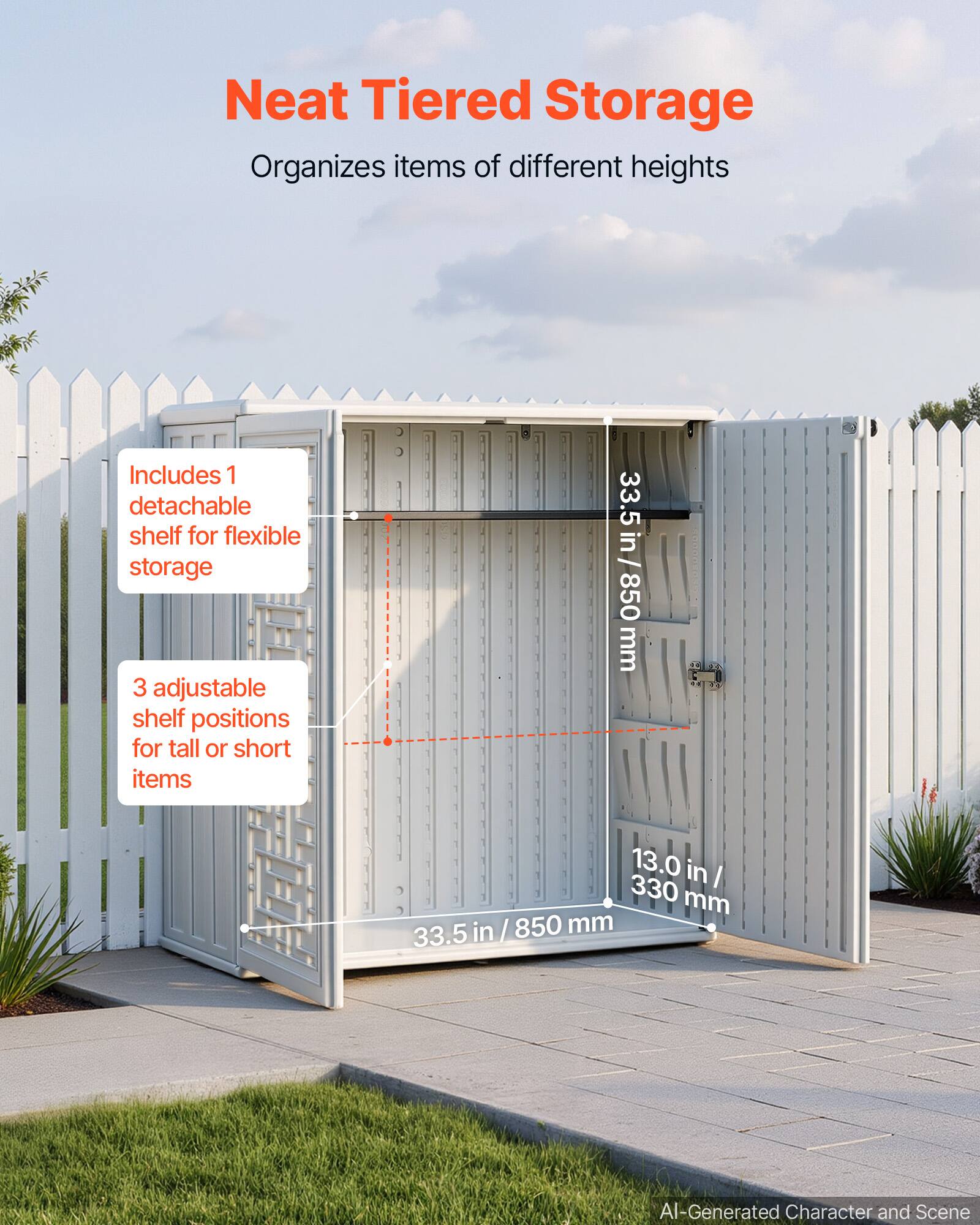 Neat Tiered Storage  
Organizes items of different heights  

Includes 1 detachable shelf for flexible storage  
3 adjustable shelf positions for tall or short items  

33.5 in / 850 mm  
13.0 in / 330 mm  

AI-Generated Character and Scene