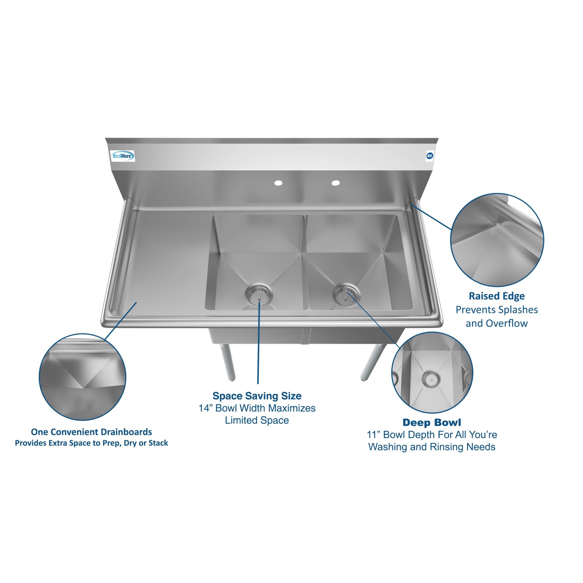 - Raised Edge Prevents Splashes and Overflow
- One Convenient Drainboard Provides Extra Space to Prep, Dry or Stack
- Space Saving Size 14" Bowl Width Maximizes Limited Space
- Deep Bowl 11" Bowl Depth For All You're Washing and Rinsing Needs