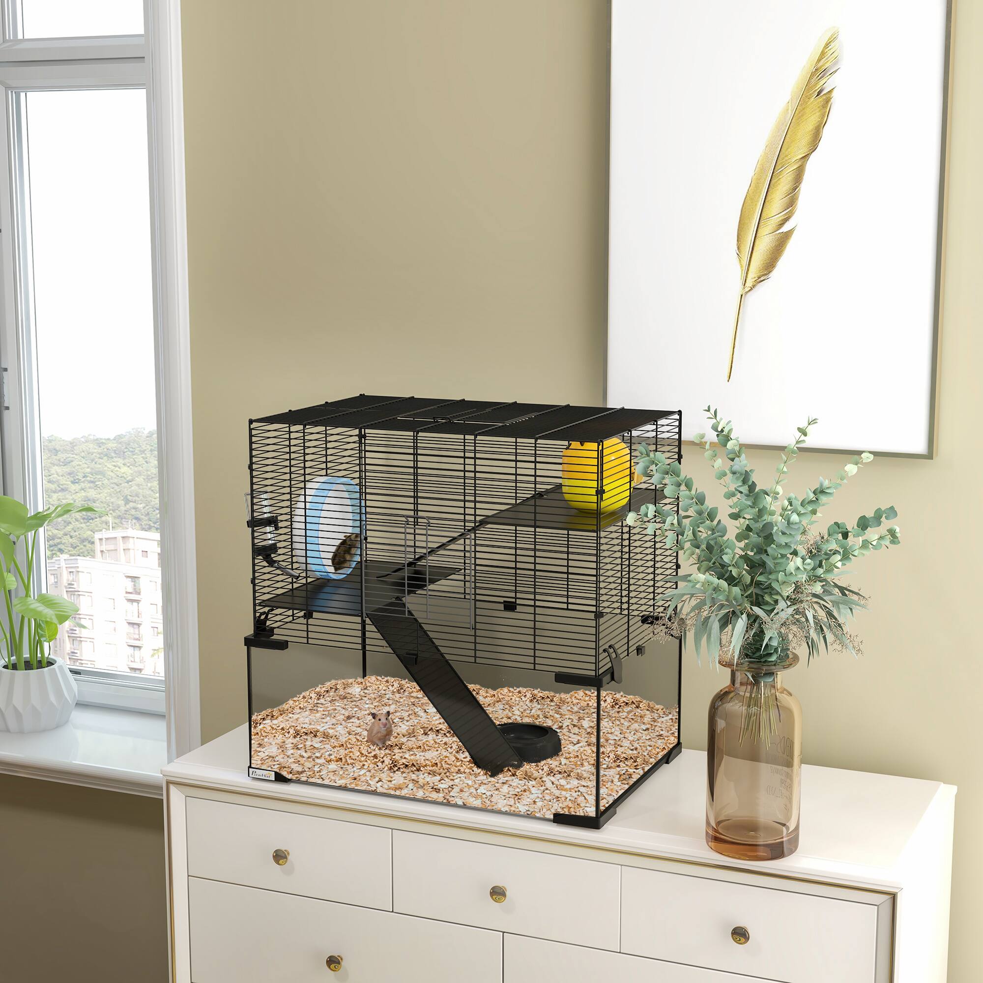 Angle. Pawhut - Large Hamster Cage with Deep Tempered Glass Bottom, Running Wheel, Water Bottle, Dish, Syrian, Dwarf, Gerbils.