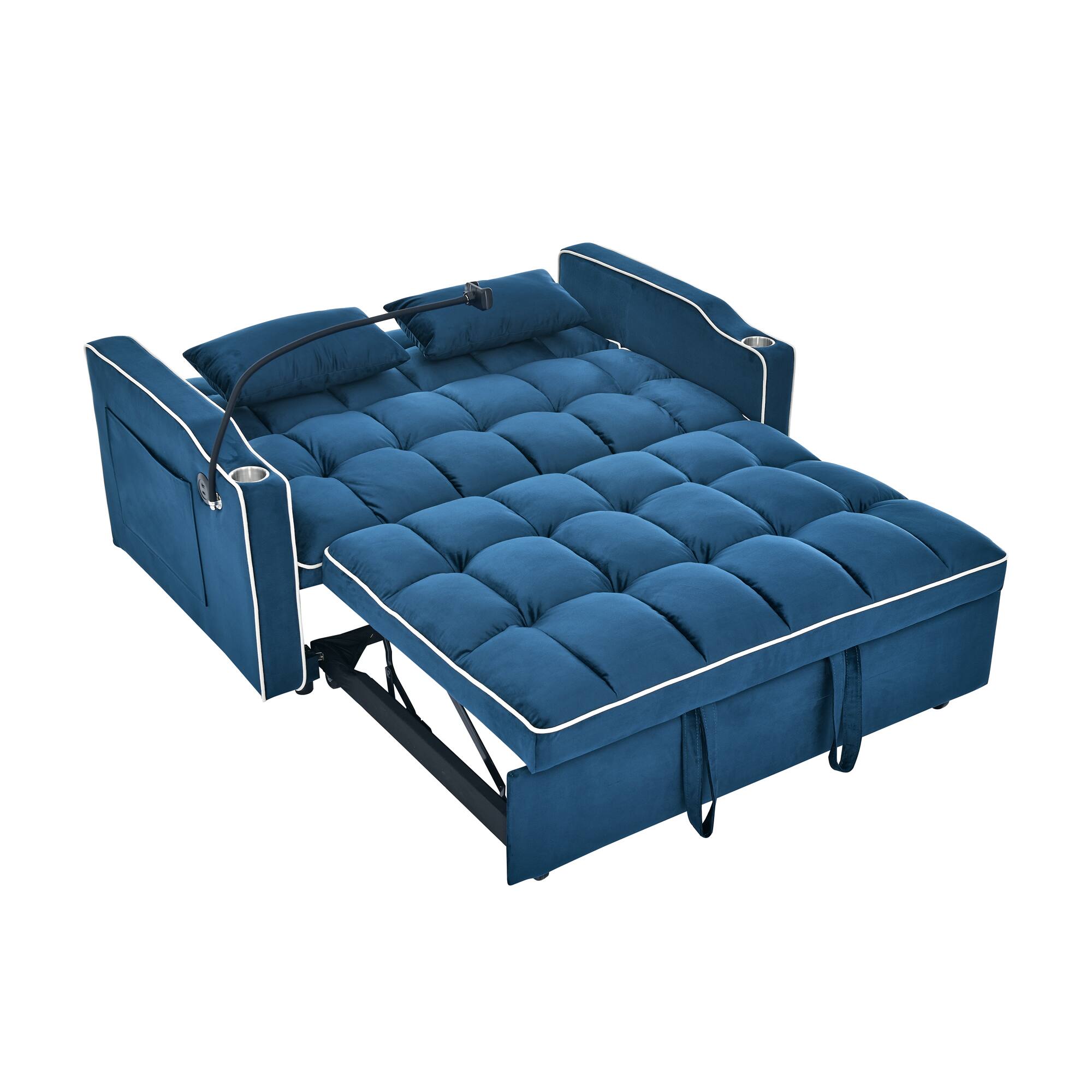 Alt View 4. Tiramisubest - Modern Velvet Versatile Foldable Sofa Bed in 3 Lengths,Adjustable Back w/ USB Port,Ashtray & Swivel Phone Stand (Blue) - Blue.