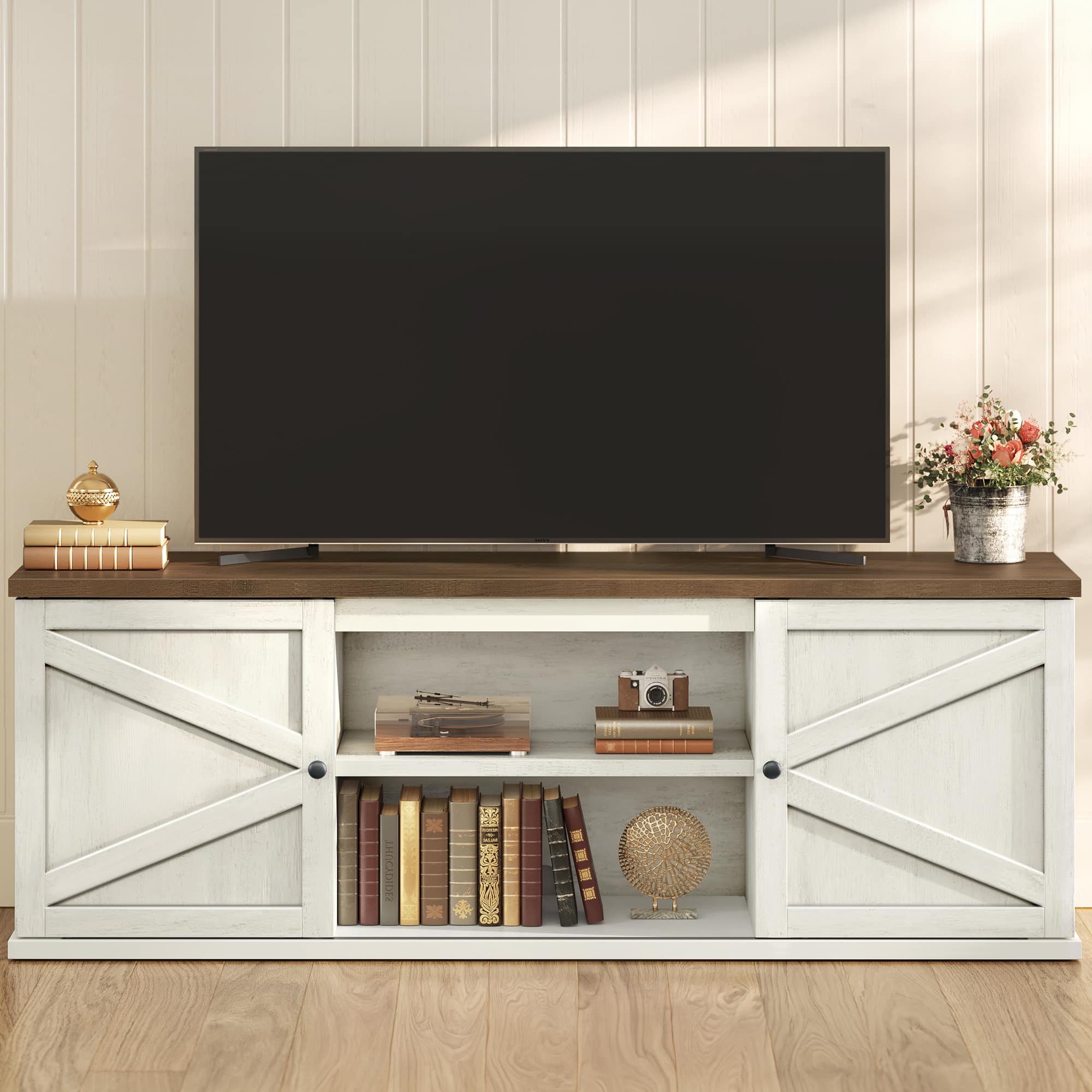 Songmics Home - Farmhouse TV Stand for TVs up to 80 Inches, Entertainment Center with Storage Cabinets and Sliding Barn Doors - Rustic White and Honey Brown price history on PriceWatchPro
