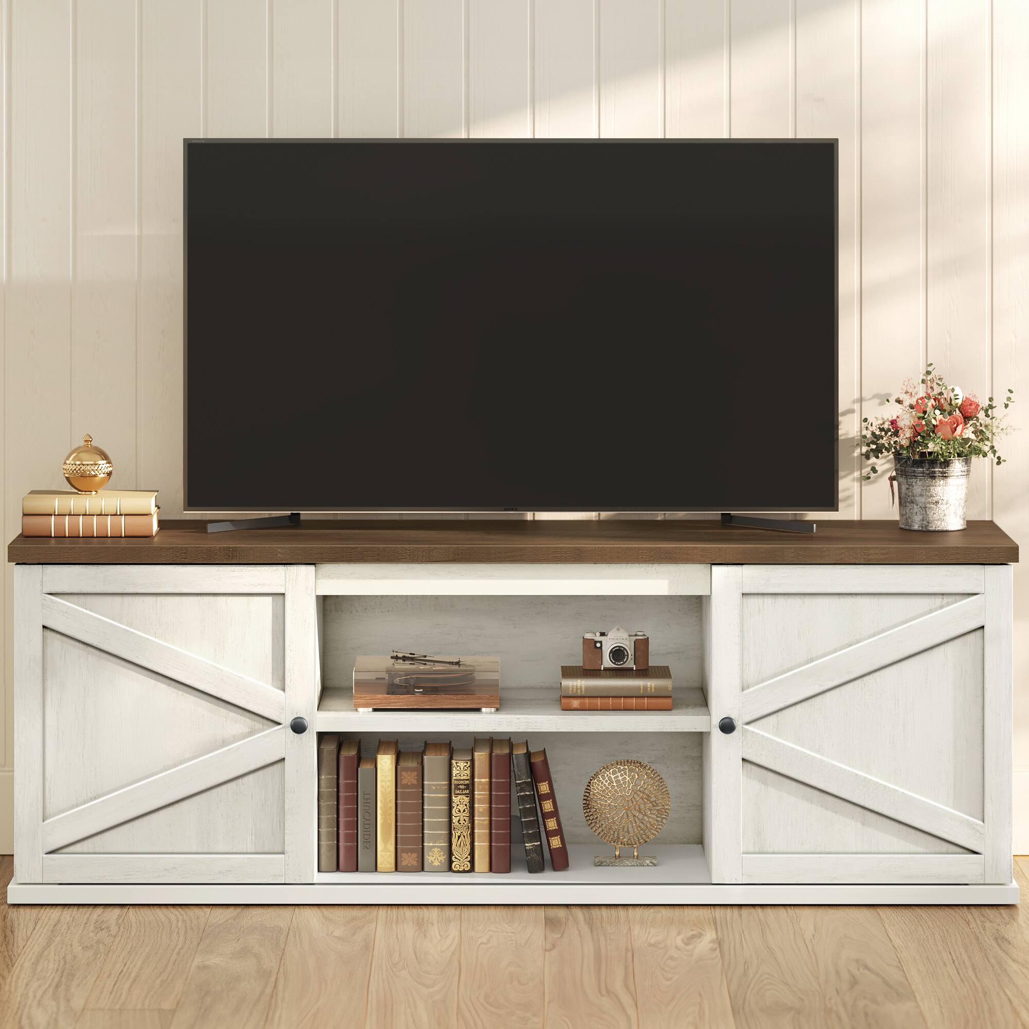 Front. Songmics Home - Farmhouse TV Stand for TVs up to 80 Inches, Entertainment Center with Storage Cabinets and Sliding Barn Doors - Rustic White and Honey Brown.