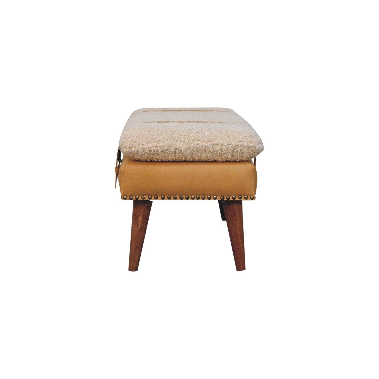Alt View 5. Artisan Furniture - Artisan Furniture Solid Wood Boucle x Tan Leather Bench, Upholstered, Yellow & Cream - Yellow & Cream.