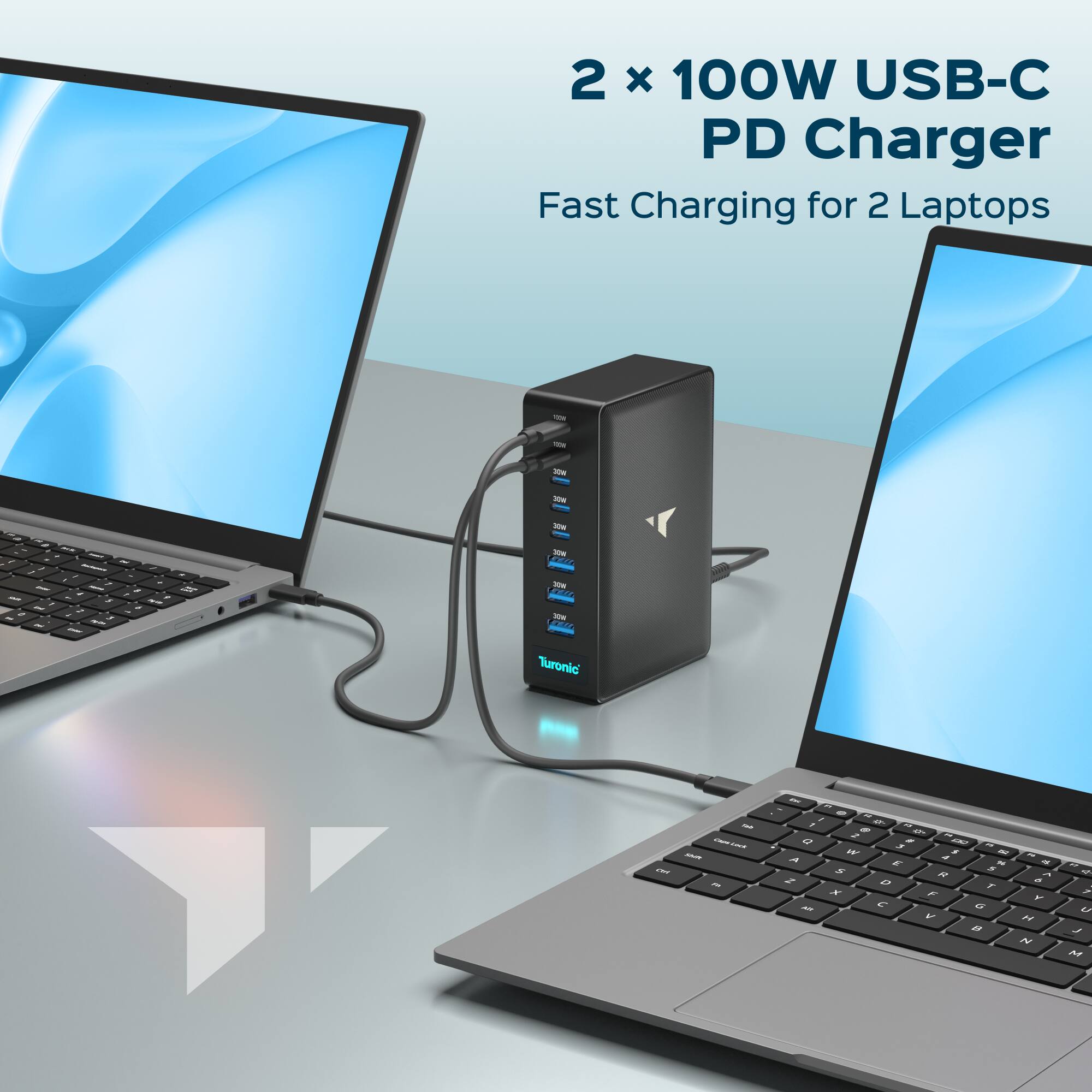 2 x 100W USB-C PD Charger  
Fast Charging for 2 Laptops