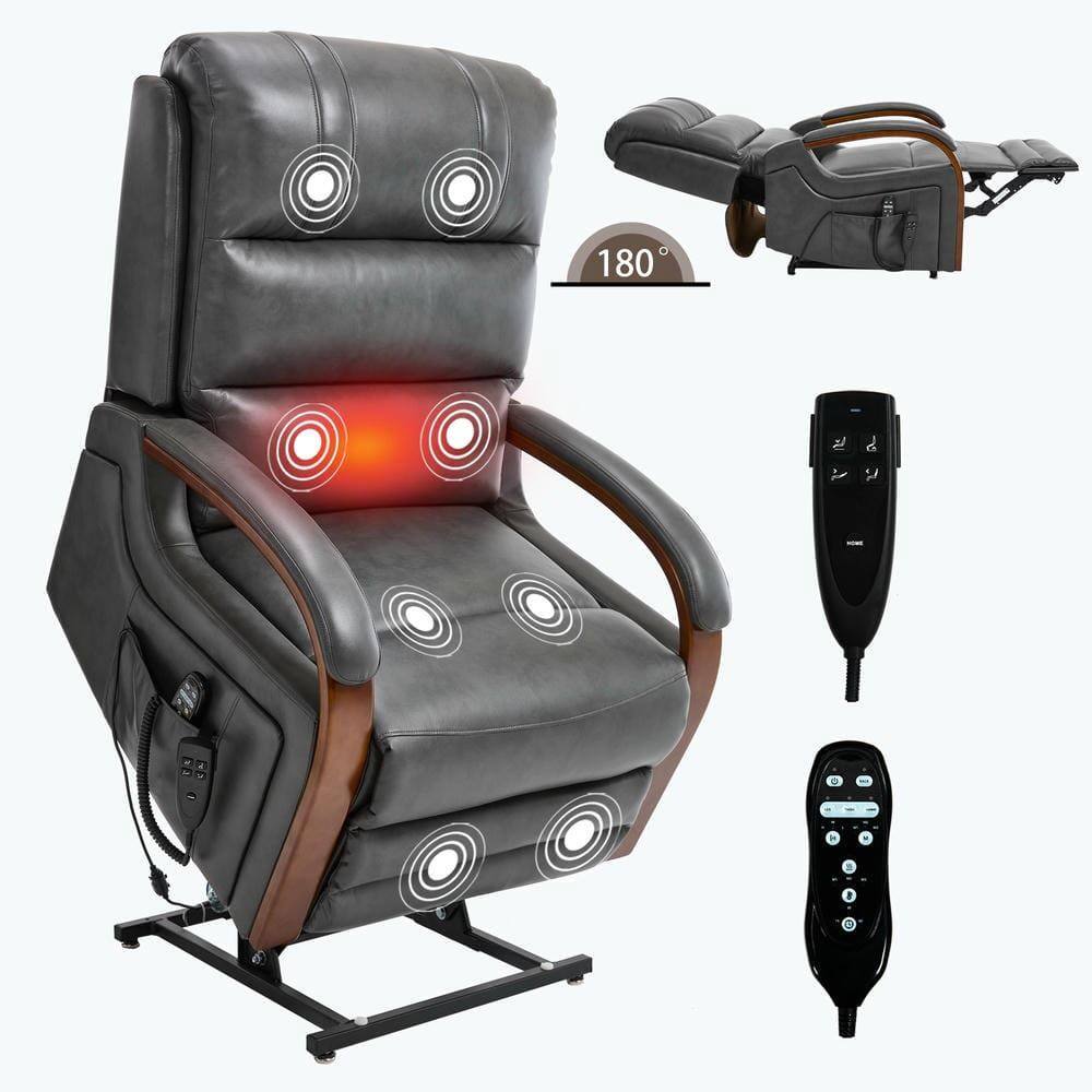 Alt View 9. Kadyn - Dual Motor Power Lift Recliner, 8-Point Massage & Heat, Solid Wood Armrests, 350lb Capacity, Gray - Gray.