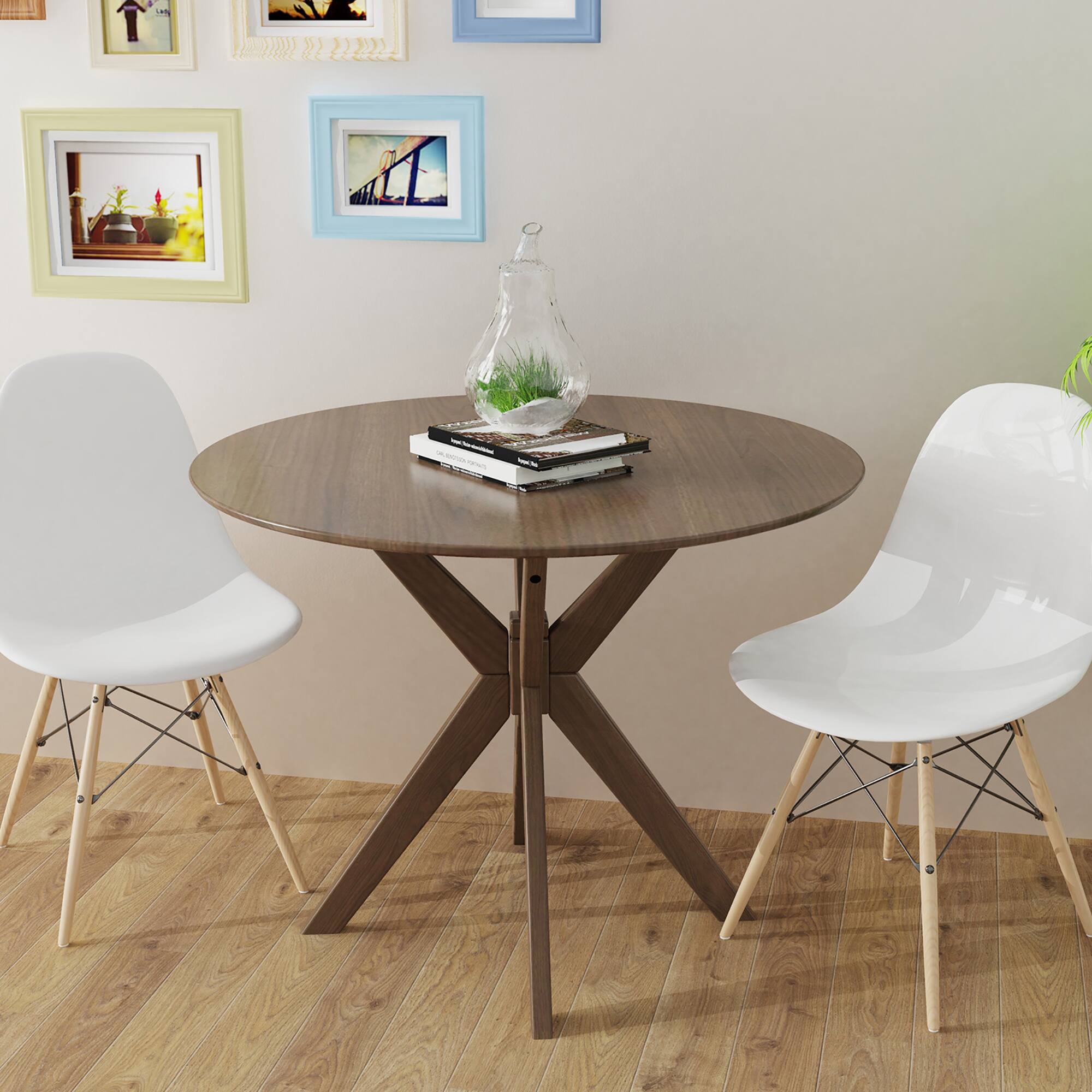 Angle. Costway - Modern Round Wood Dining Table 35'' W/ Solid Wood Legs& Base for Home, Office - Walnut.
