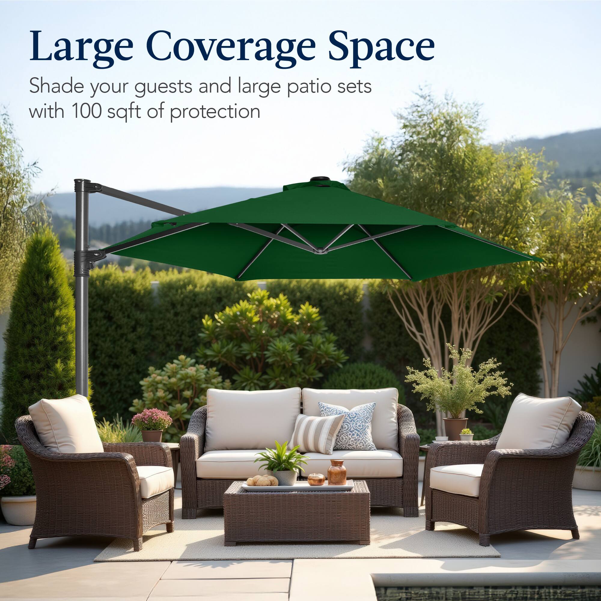 Large Coverage Space

Shade your guests and large patio sets with 100 sqft of protection.