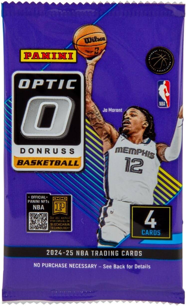 Wilica G BASCTIDRIE PANINI NATIONAL AESOCIATION OPTIC NBA Jo Morant O DONRUSS MEMPHIS BASKETBALL 12 OFFICIAL C00 PANINI NFTs NBA P So SEL: yEOR AR ALL N BLOCKCHAIN TECHNOLOGY ! 4 CARDS 2024-25 NBA TRADING CARDS NO PURCHASE NECESSARY See Back for Details