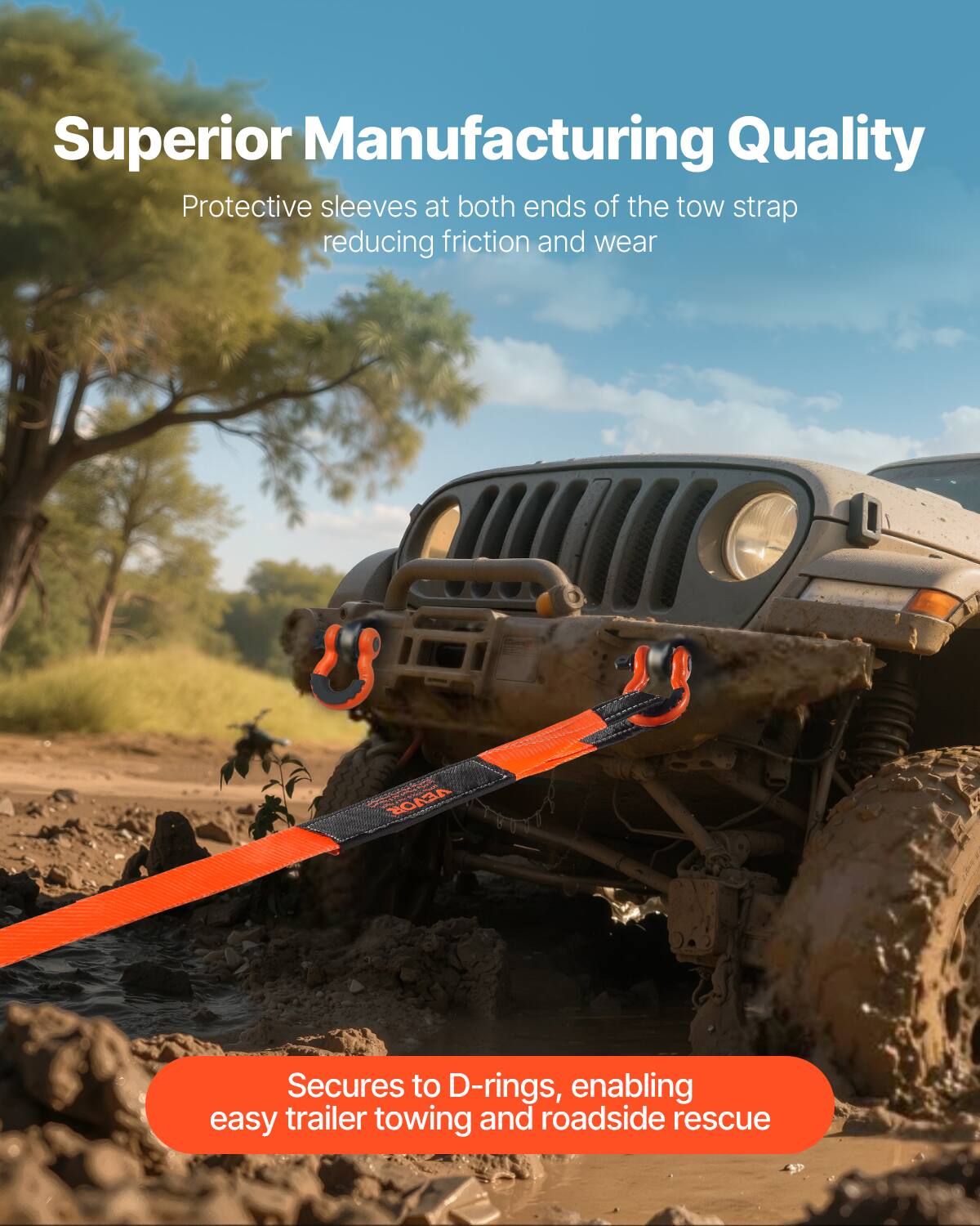 Superior Manufacturing Quality

Protective sleeves at both ends of the tow strap reducing friction and wear

Secures to D-rings, enabling easy trailer towing and roadside rescue
