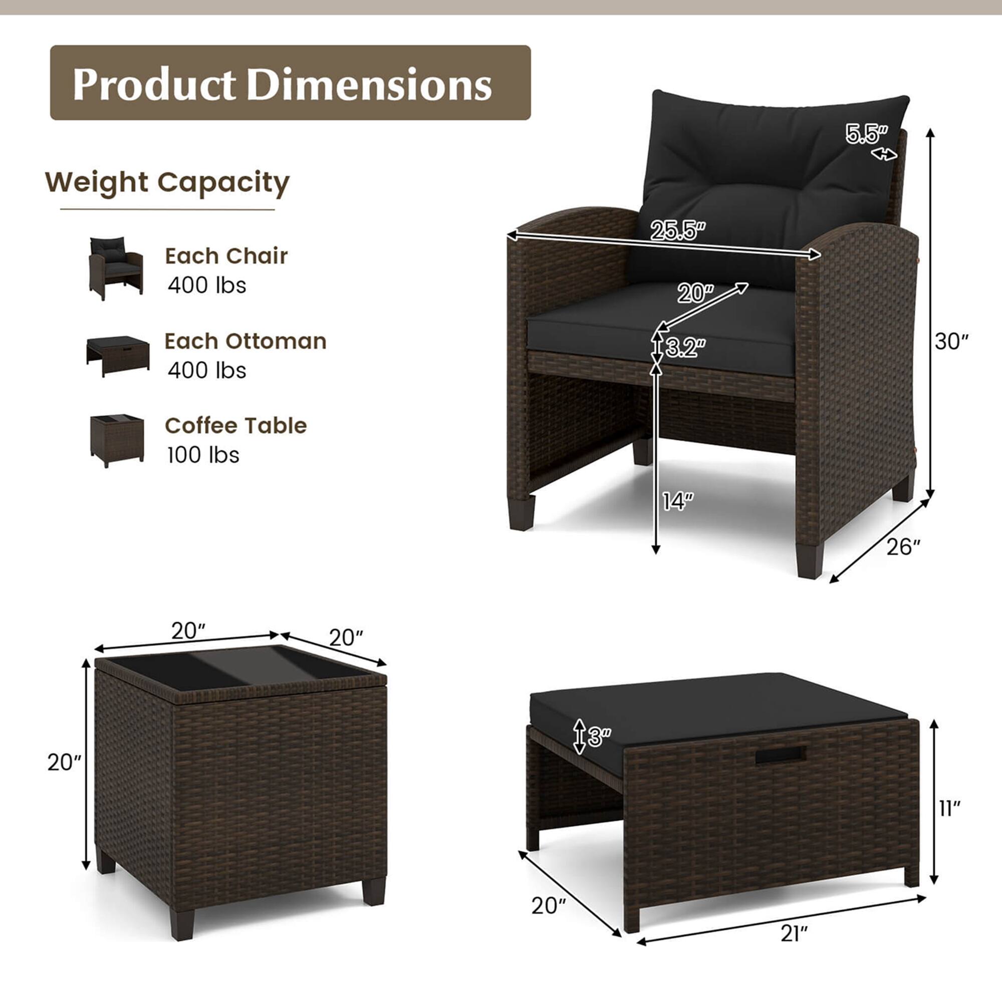Product Dimensions:

* Weight Capacity: Each Chair: 400 lbs
* Each Ottoman: 400 lbs
* Coffee Table: 100 lbs

Dimensions:

* Chair: 25.5" x 20" x 5.5"
* Ottoman: 3.2" x 30"
* Coffee Table: 14" x 26" x 20"