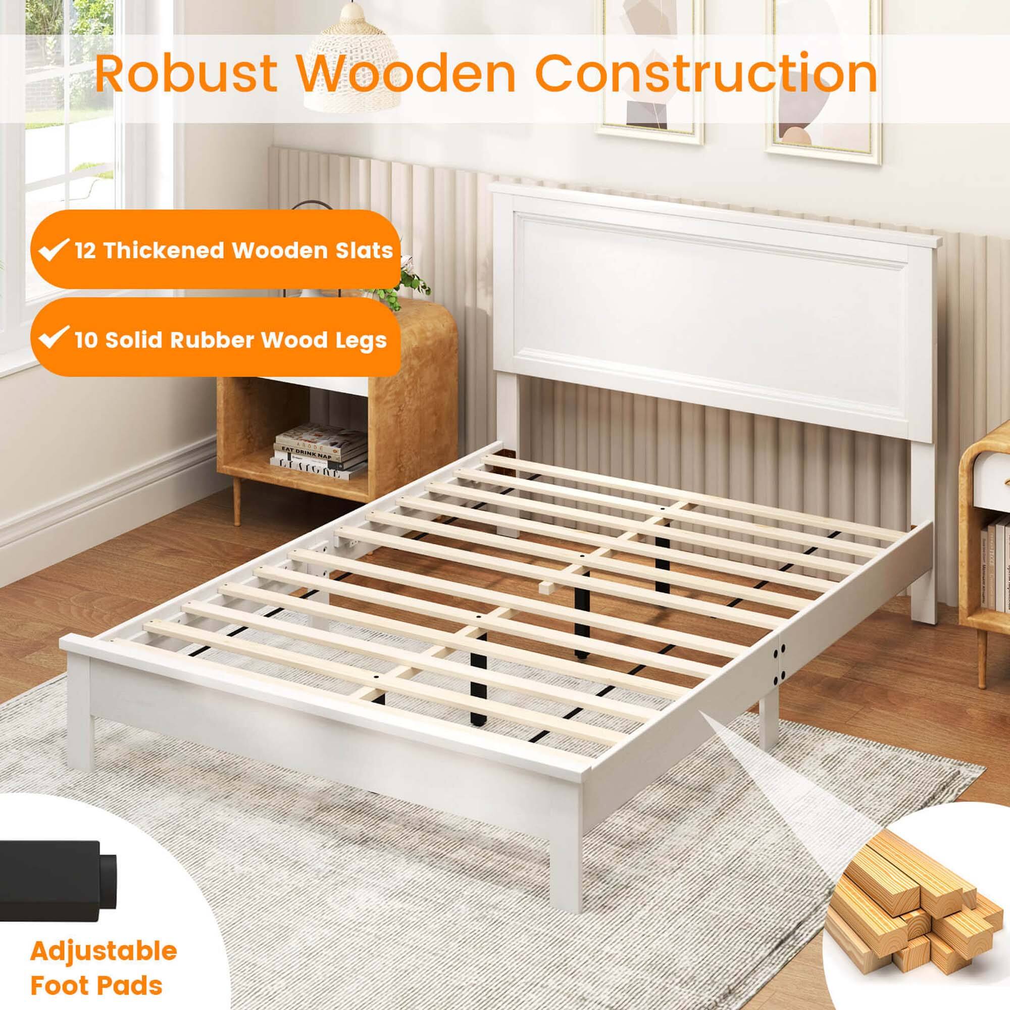 Robust Wooden Construction

- 12 Thickened Wooden Slats
- 10 Solid Rubber Wood Legs

Adjustable Foot Pads