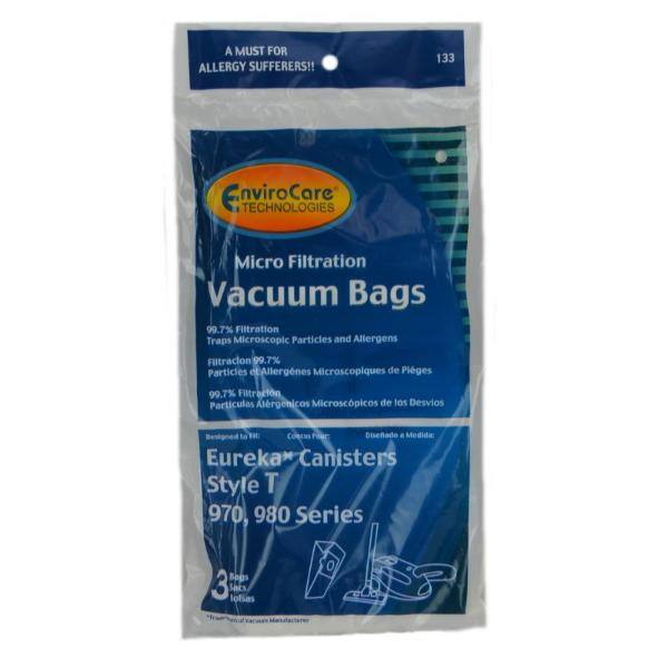 A MUST FOR ALLERGY SUFFERERS!!  
133 Enviro Care TECHNOLOGIES Micro Filtration Vacuum Bags  
99.7% Filtration Traps Microscopic Particles and Allergens  
Filtracion 99.7% Particulas et Allergenes Microscopiques de Piges  
99.7% Filtration Particulas Atrgenicos Microscpicos de los Desvios  

TH: COMEN  
Diseño: Medida: Eureka Canisters Style T 970, 980 Series Bags  
3 Sacs lolsas