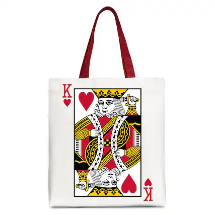 Front. OrnamentallyYou - King of Hearts Card Canvas Tote Bag, Classic Retro Love Valentine Gift Bag - White Red.