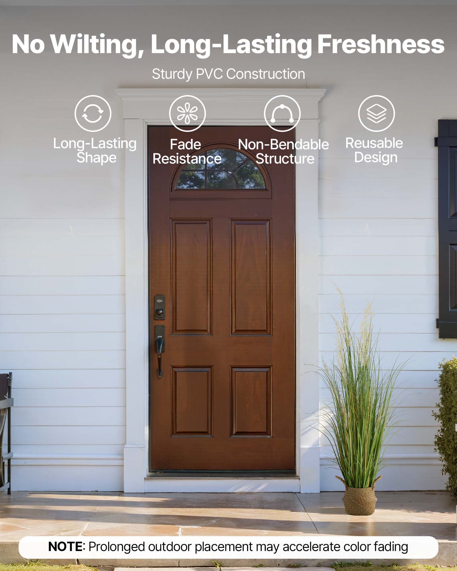 No Wilting, Long-Lasting Freshness  
Sturdy PVC Construction  

- Long-Lasting Shape  
- Fade Resistance  
- Non-Bendable Structure  
- Reusable Design  

NOTE: Prolonged outdoor placement may accelerate color fading