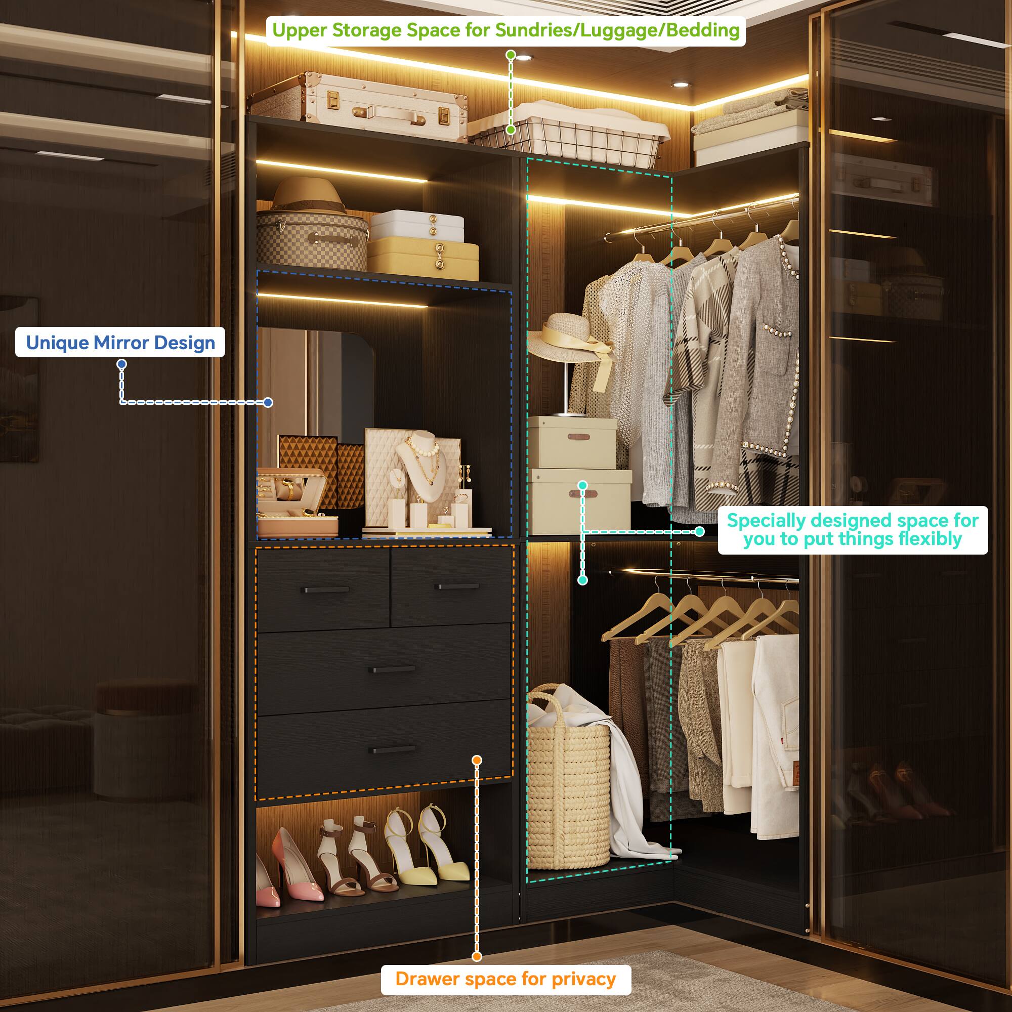 - Upper Storage Space for Sundries/Luggage/Bedding
- Unique Mirror Design
- Specially designed space for you to put things flexibly
- Drawer space for privacy