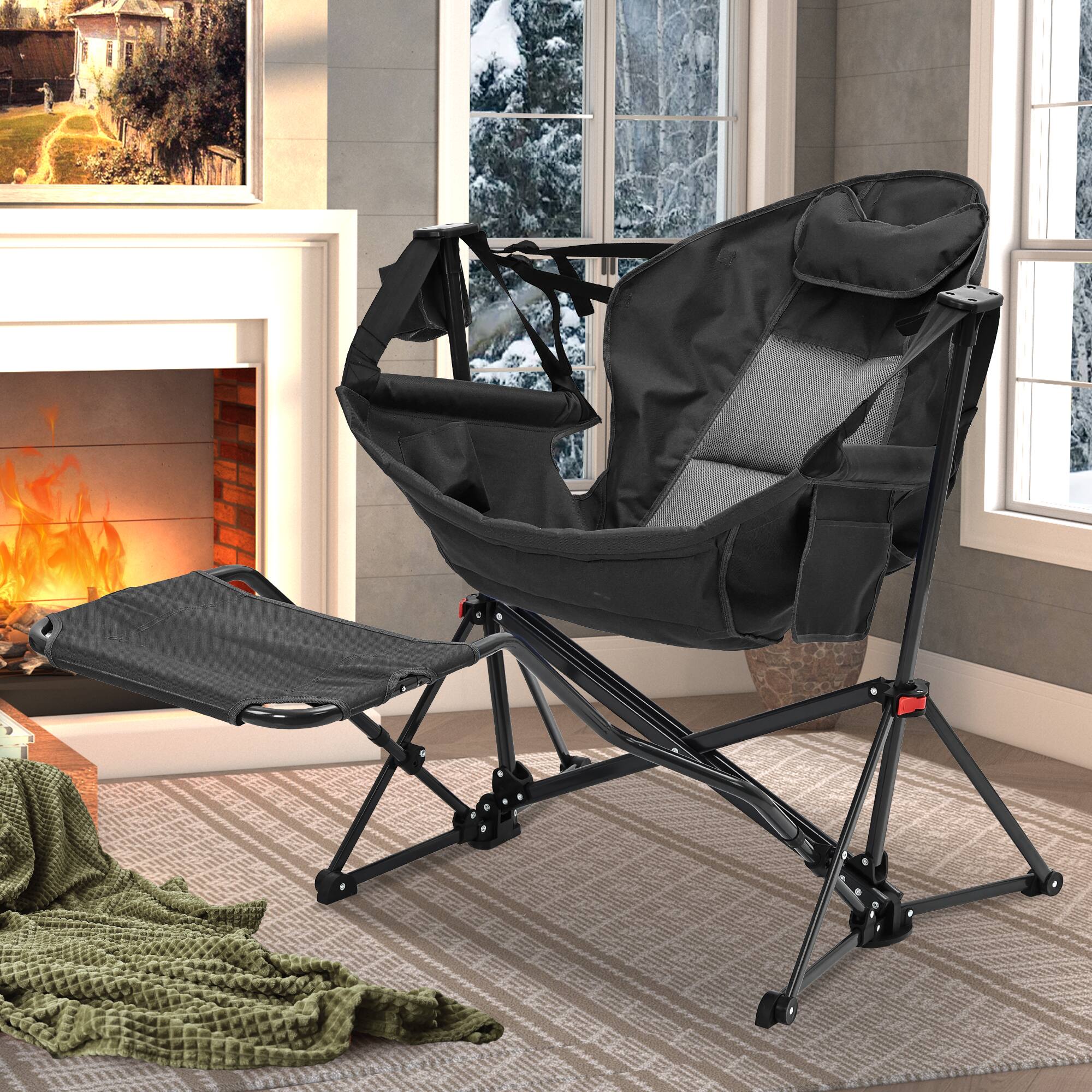 Angle. Ainfox - Ainfox Hammock Camping Chair, Portable Heavy Duty Folding Swing Chair for Adults with Carrying Bag & Optional Footrest - Black-with Footrest.