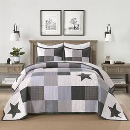 MarCielo - 3 Pcs 100% Cotton Modern Star Pattern Checkered Quilt Bedspread Set - Gray