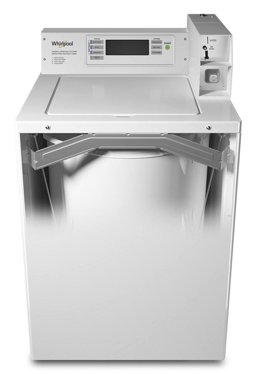 Whirlpool  
Commercial Laundry Equipment  
Operating Instructions  

1. Select Cycles  
2. Select Options  
3. Press Start  

Cycles:  
- Heavy Duty  
- Normal  
- Delicates  

Options:  
- Sanitize  
- Soak & Live  
- Extra Rinse  

START  

QUARTERS  
RETURN
