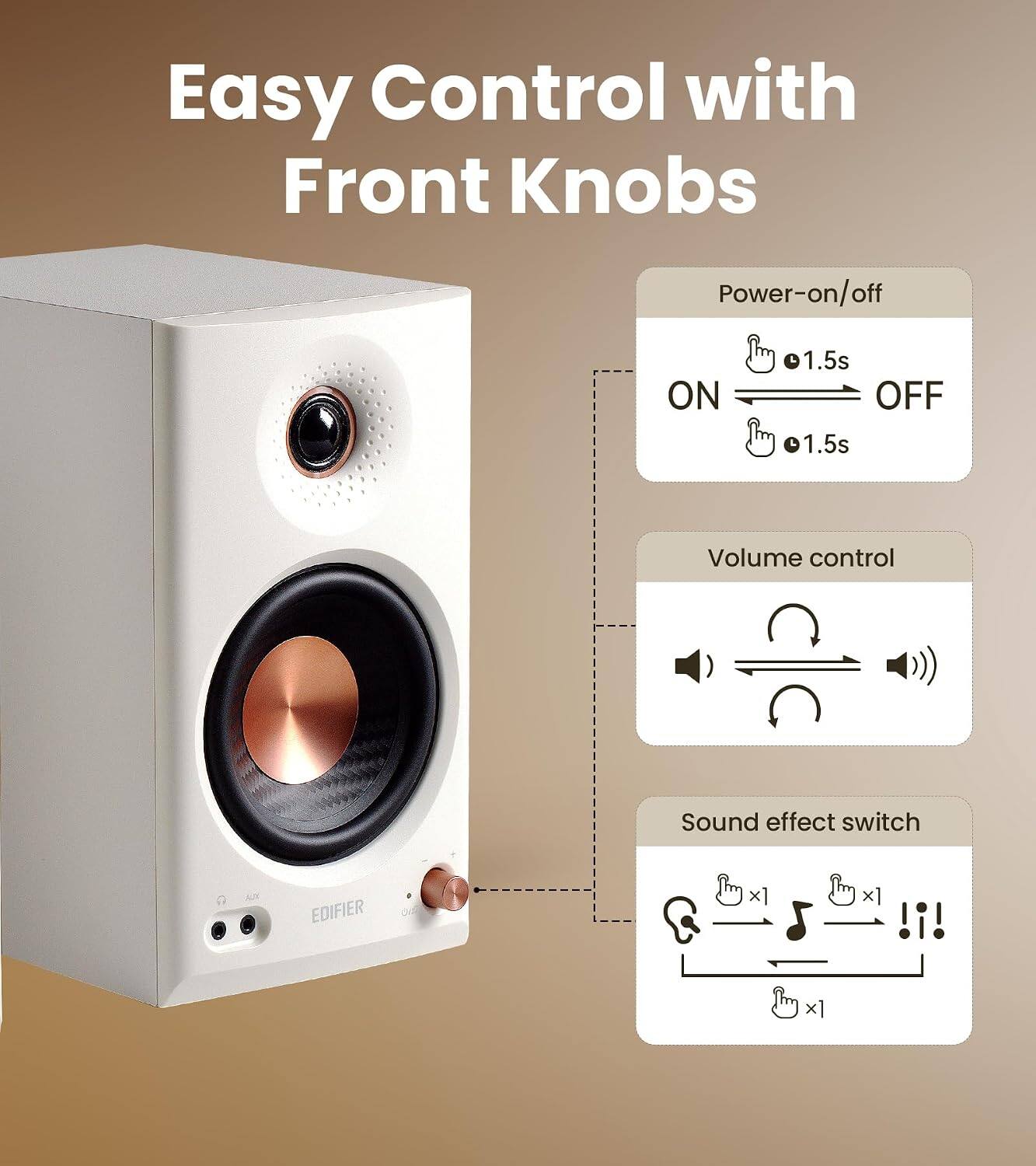 Easy Control with Front Knobs

Power-on/off
ON
1.5s OFF 1.5s

Volume control

Sound effect switch