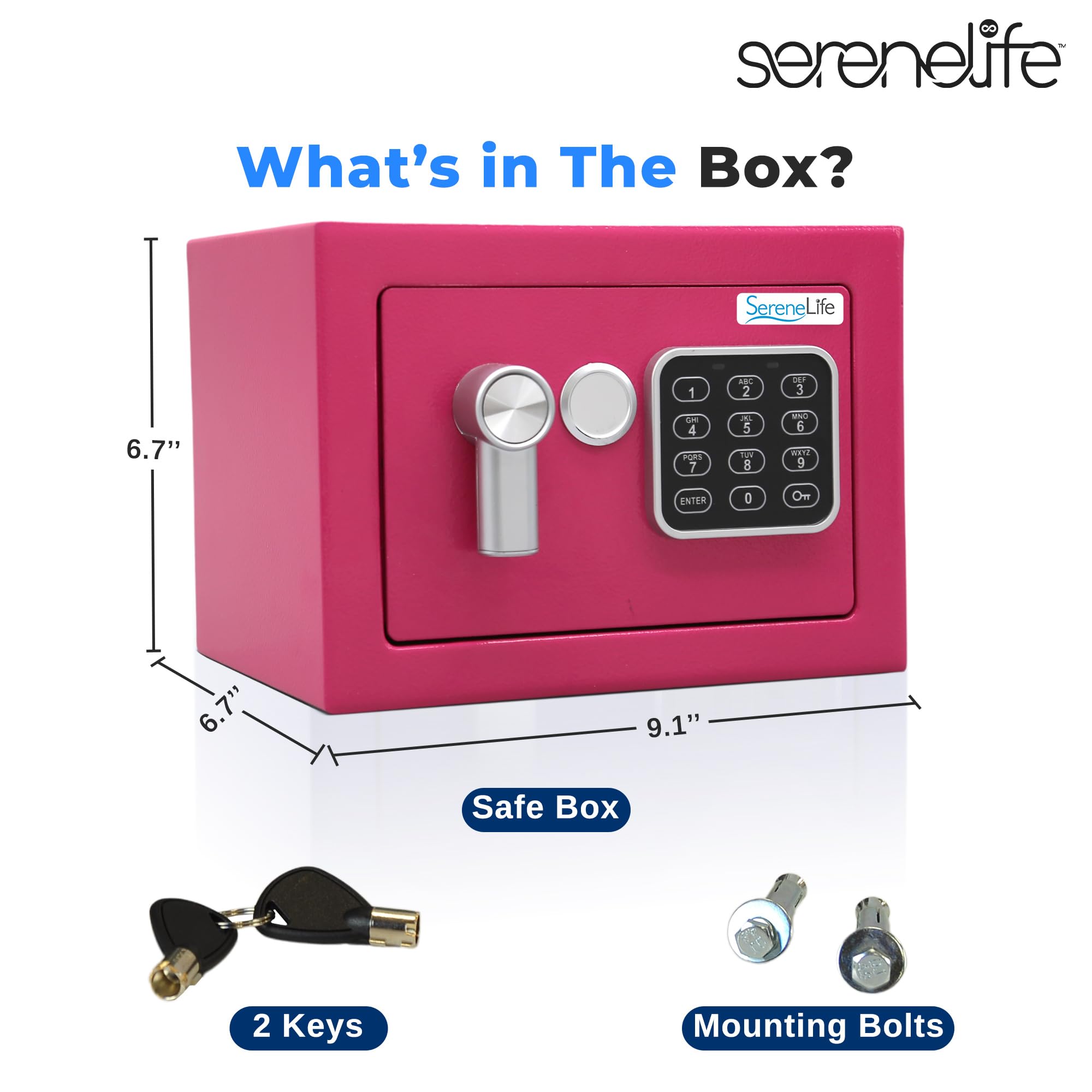 serenelife What's in The Box? SereneLife 1 A 2 D 3 6.7" - 4 n 7 - 5 TUR a aNd 6 BEN 5 ENTER 0 Om 6.7" 6. 9.1' Safe Box 2 Keys Mounting Bolts
