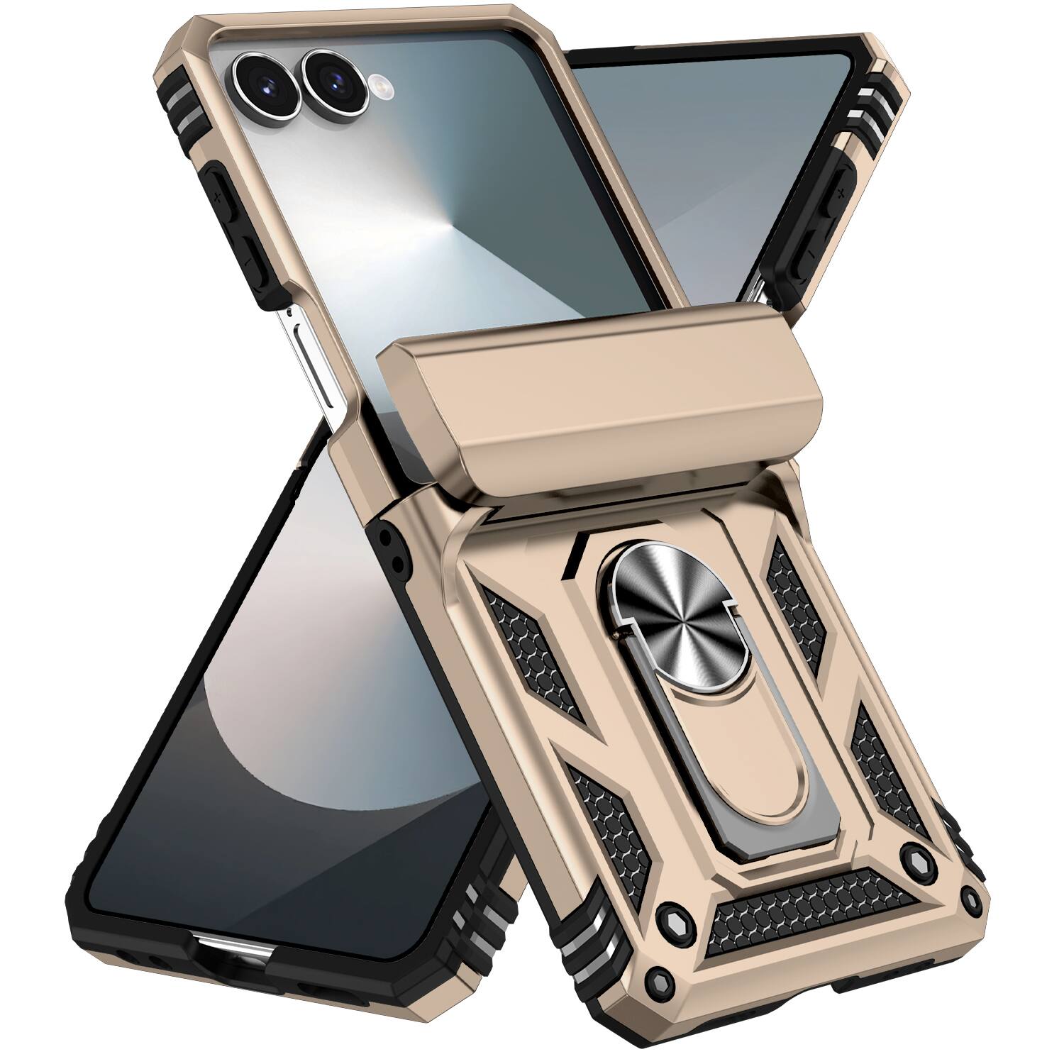 Angle. Dteck - For Samsung Galaxy Z Flip 7 Heavy Duty Rugged Case Shockproof Ring Kickstand Hinge Protection Cover Magnetic Car Mount - Gold.