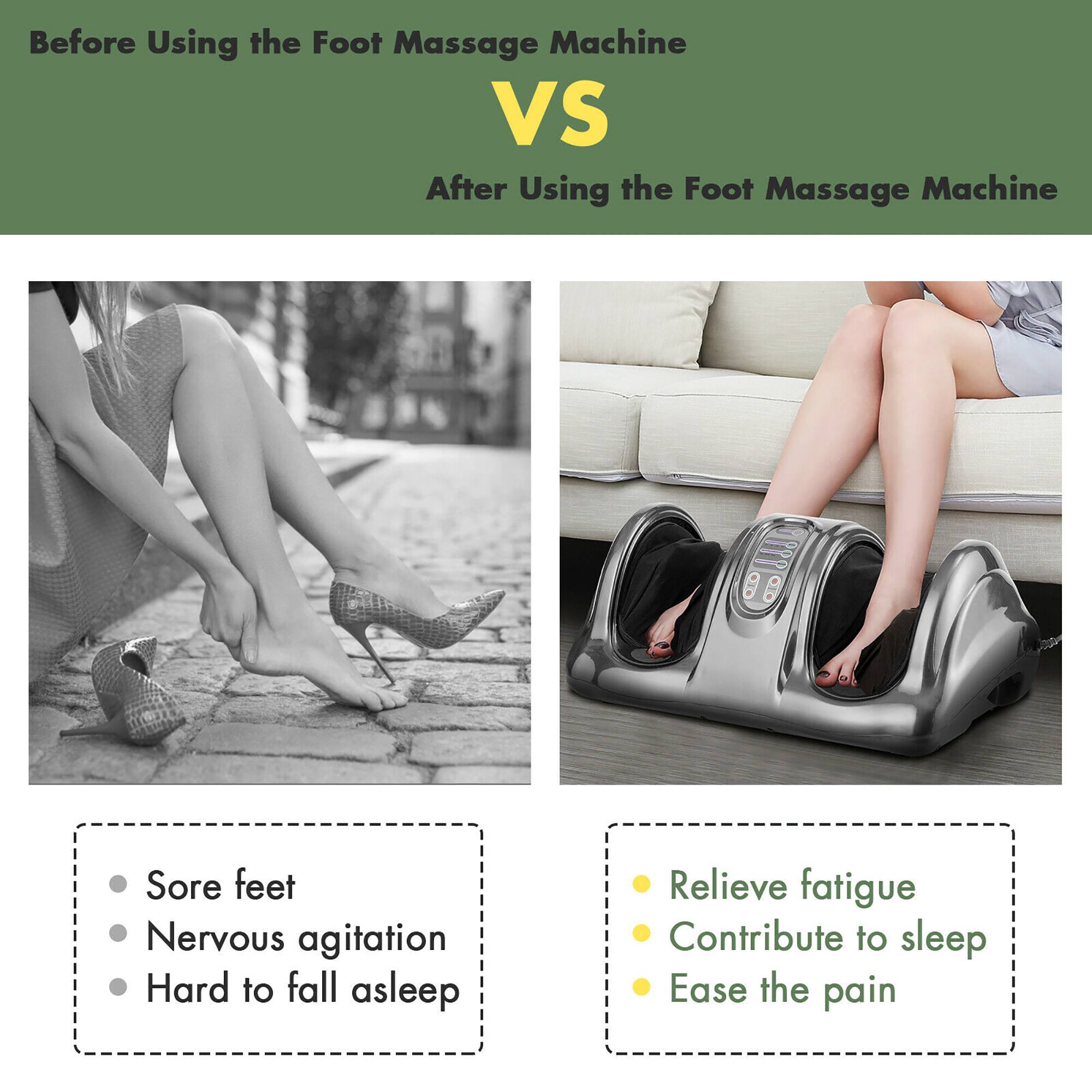 Before Using the Foot Massage Machine:

1. Sore feet
2. Nervous agitation
3. Hard to fall asleep
4. Relieve fatigue
5. Contribute to sleep
6. Ease the pain

After Using the Foot Massage Machine:

1. Sore feet
2. Nervous agitation
3. Hard to fall asleep
4. Relieve fatigue
5. Contribute to sleep
6. Ease the pain
