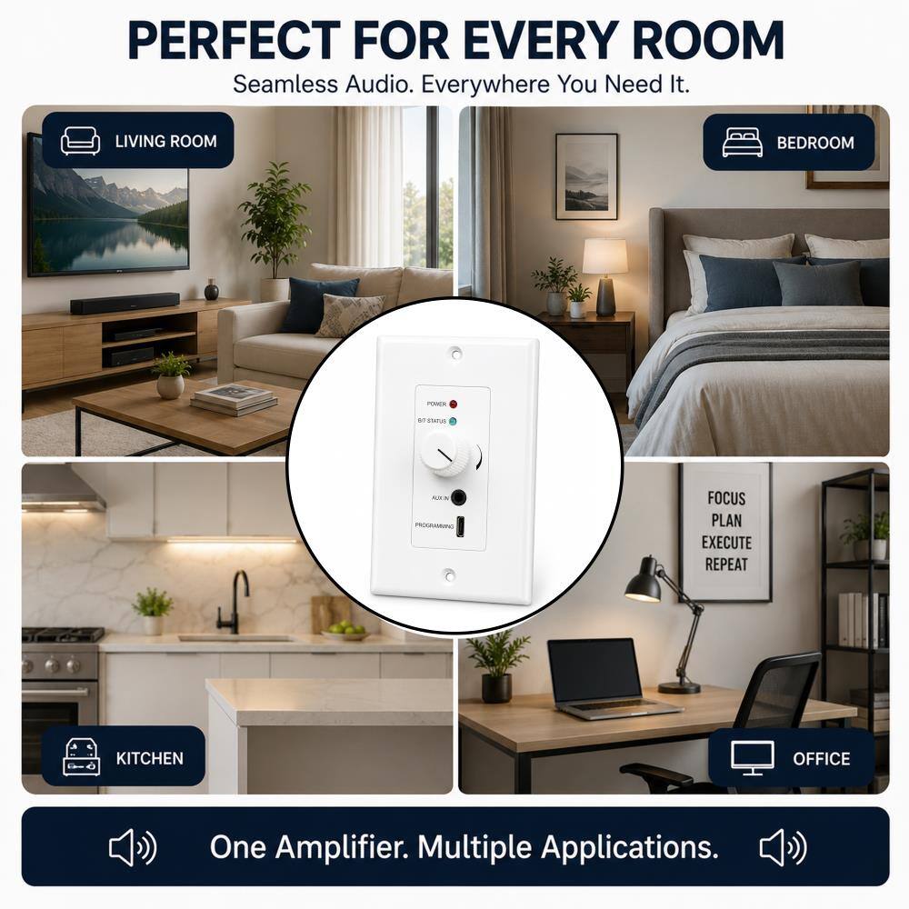 PERFECT FOR EVERY ROOM  
Seamless Audio. Everywhere You Need It.

LIVING ROOM  
BEDROOM  
POWER  
51 $507,5  
AOEN PROGRAMING  
FOCUS PLAN EXECUTE REPEAT  
KITCHEN  
OFFICE  

One Amplifier. Multiple Applications.