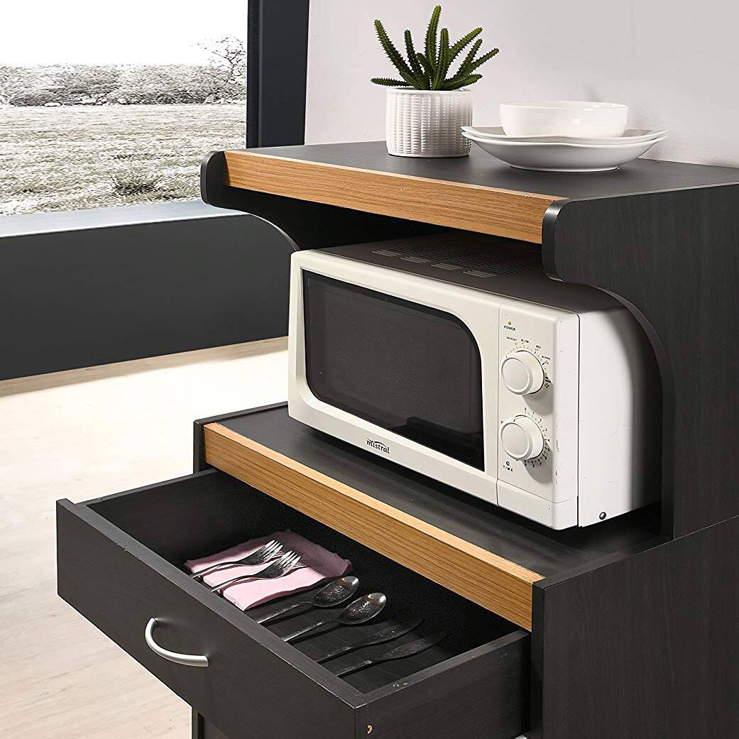 Alt View 2. Hodedah - Hodedah Wheeled Microwave Island Cart with Drawer and Cabinet Storage, Black-Beech - Black-beech.