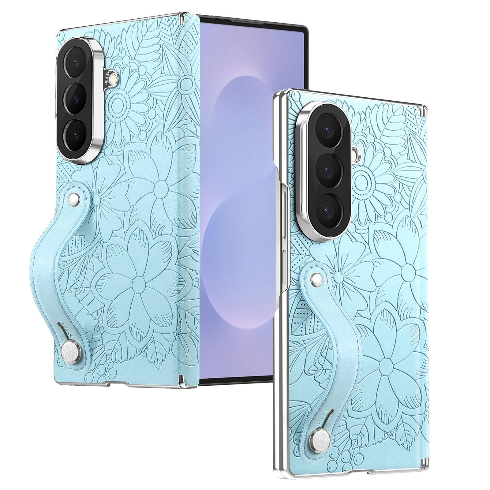 Angle. Dteck - Shockproof Case for Samsung Galaxy Z Fold8 Ultra with Wristband, Floral Leather Texture Rigid Plastic Hinge Phone Cover - Blue.