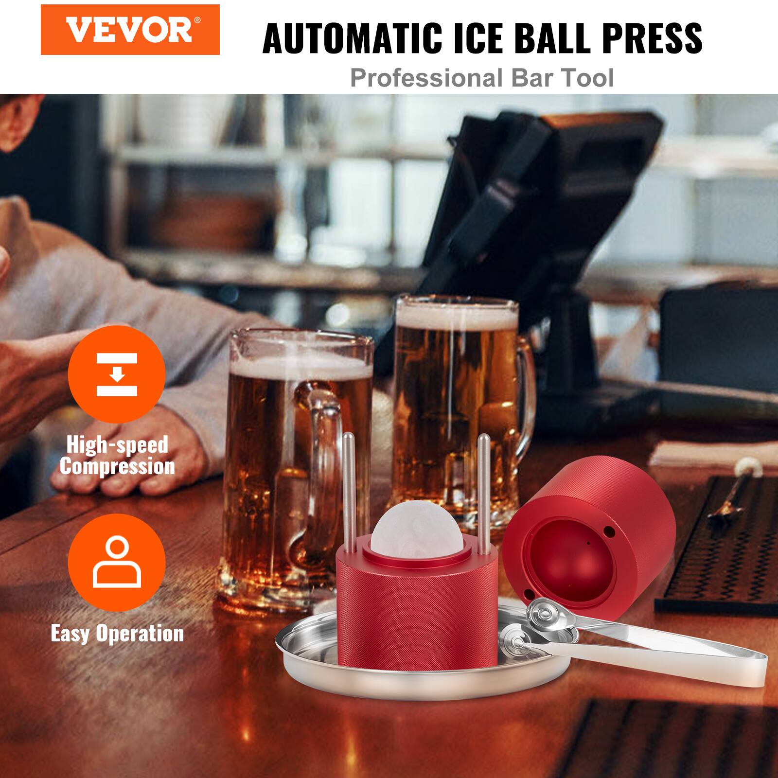 VEVOR  
AUTOMATIC ICE BALL PRESS  
Professional Bar Tool  

- High-speed Compression  
- Easy Operation