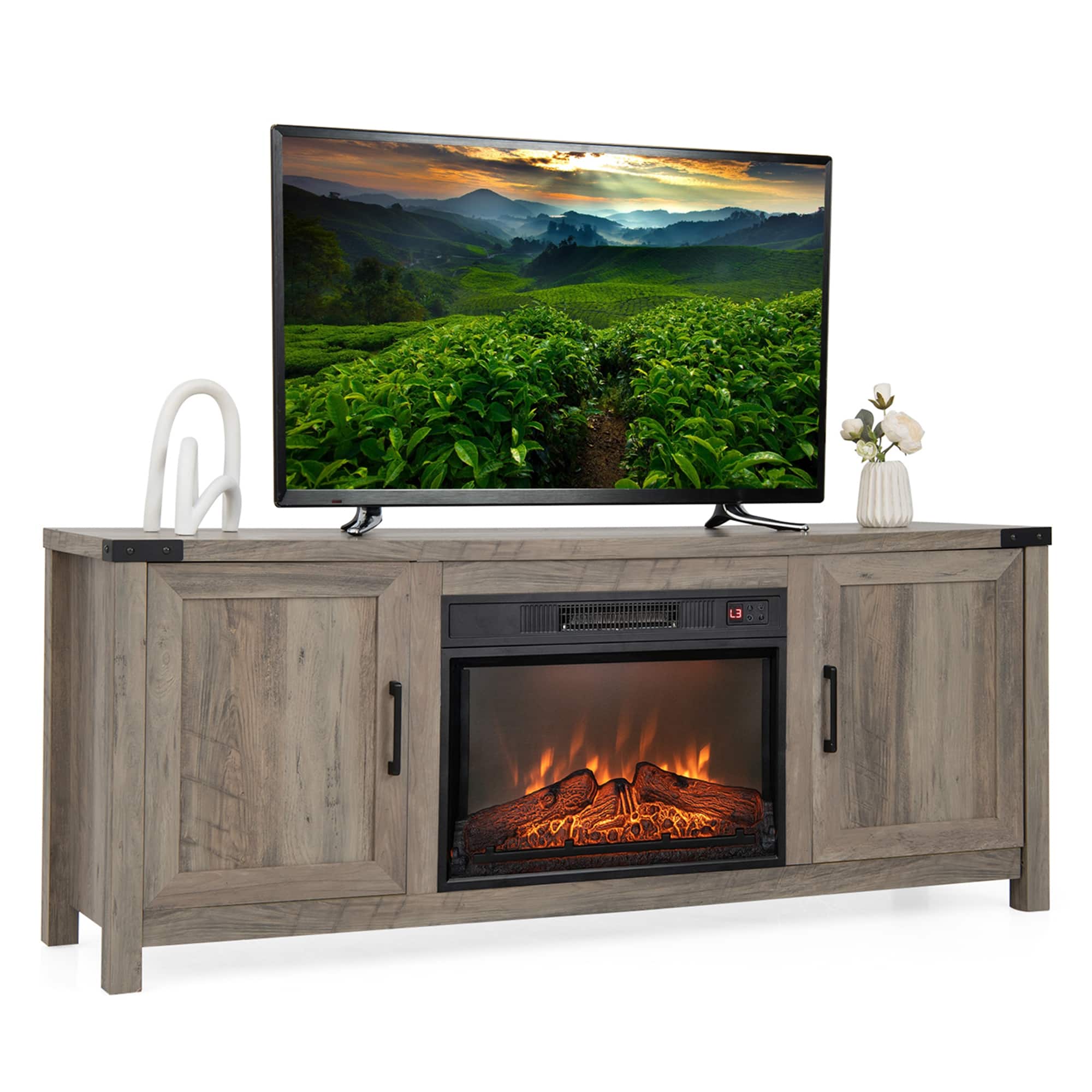 Costway - 62" Fireplace TV Stand Media Console Cabinet W/23" Electric Fireplace for 70" TV - Black,Natural