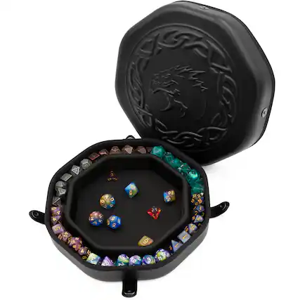 Front. CASEMATIX - RPG Dice Tray and Storage Case – Holds 115 Dice, Dragon Embossed Design, Magnetic Snaps, Soft Interior - Black.