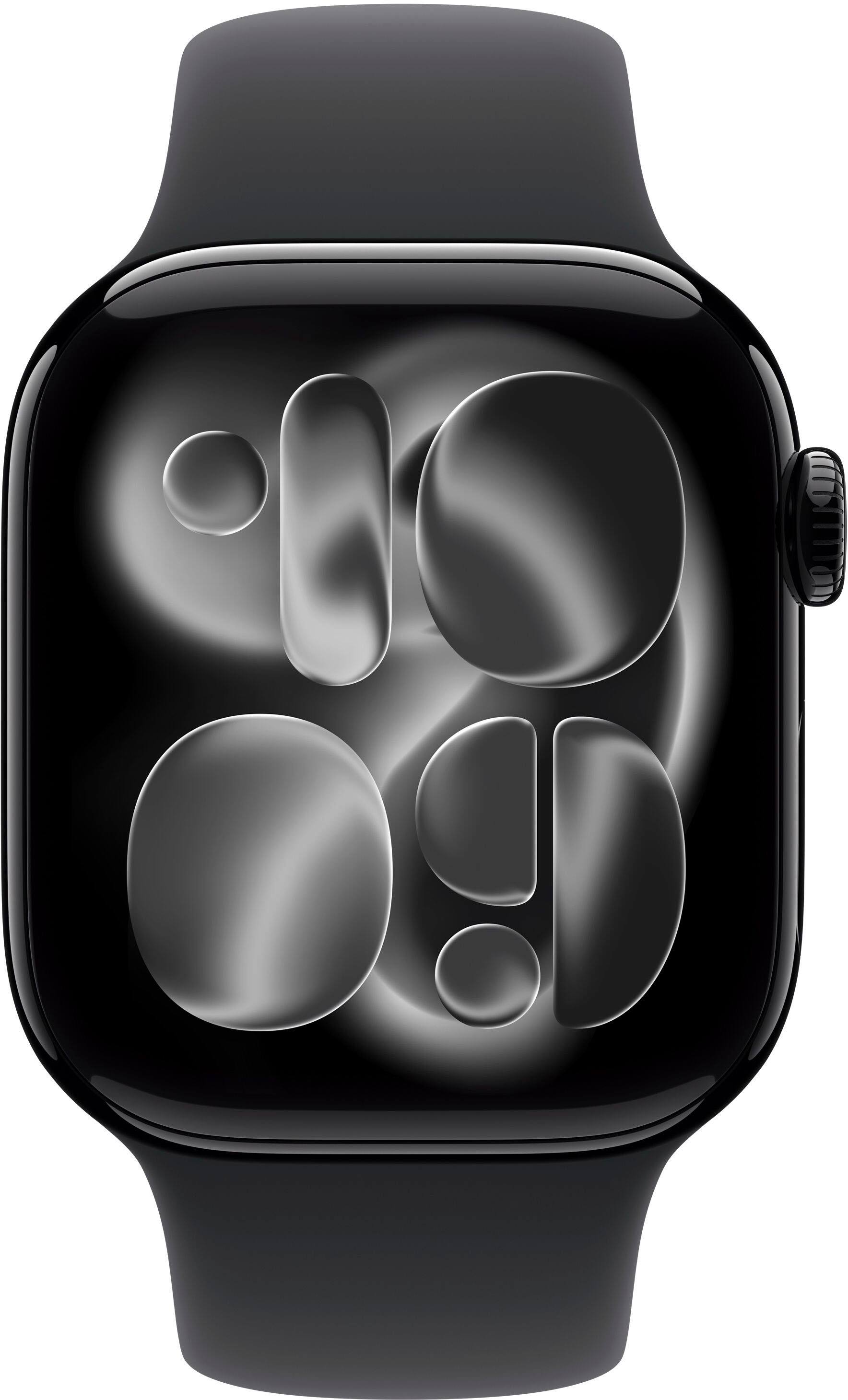 Alt View 1. Apple - Apple Watch Series 11 (GPS+Cellular) 42mm Aluminum Case with Black Sport Band - S/M - Jet Black.