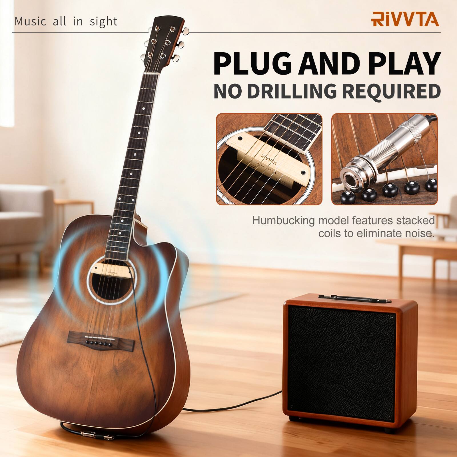 Music all in sight

RIVVTA

PLUG AND PLAY  
NO DRILLING REQUIRED

Humbucking model features stacked coils to eliminate noise.