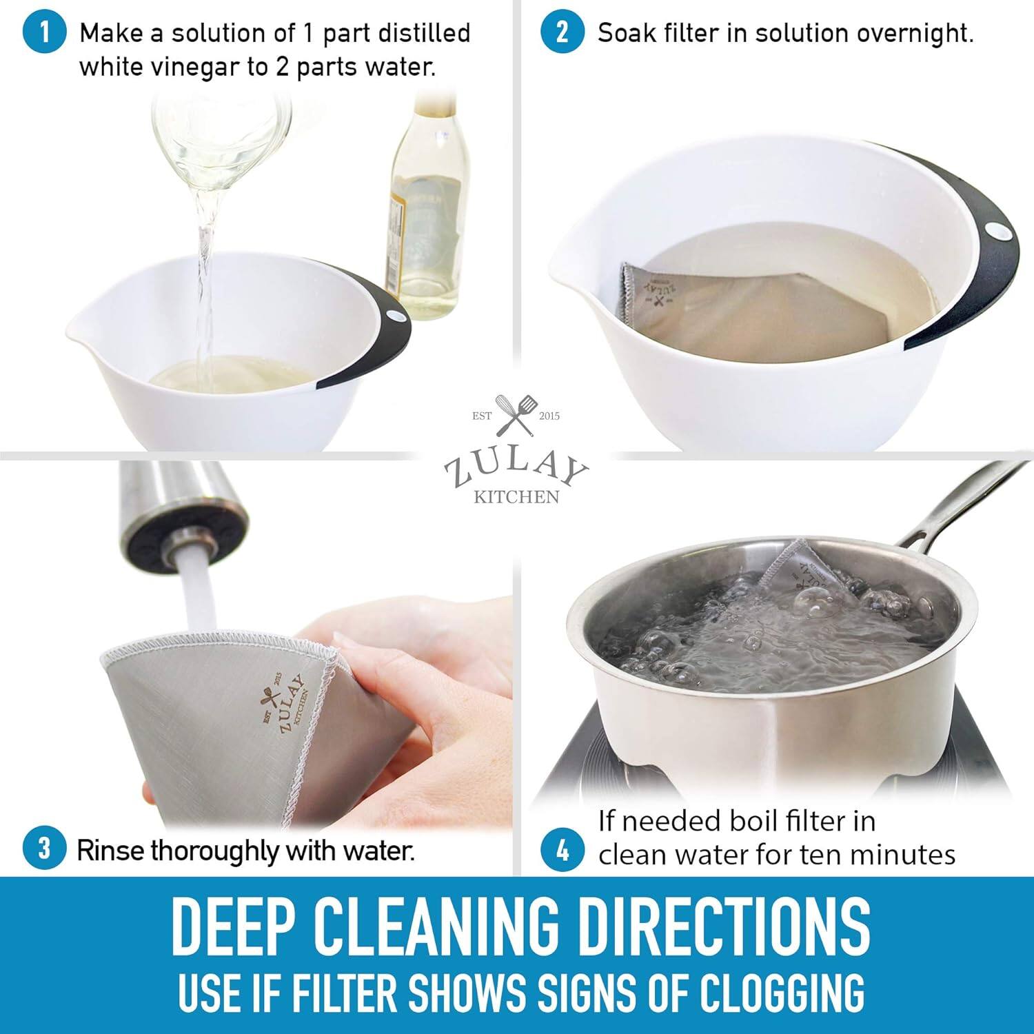 1. Make a solution of 1 part distilled white vinegar to 2 parts water.

2. Soak filter in solution overnight.

3. Rinse thoroughly with water.

4. If needed, boil filter in clean water for ten minutes.

DEEP CLEANING DIRECTIONS  
USE IF FILTER SHOWS SIGNS OF CLOGGING